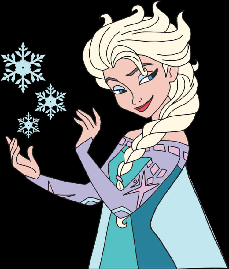 艾莎雪花魔法 壁紙 — 《魔雪奇緣》的愛莎在黑色背景前微笑，雙手召喚出閃閃發光的雪花。