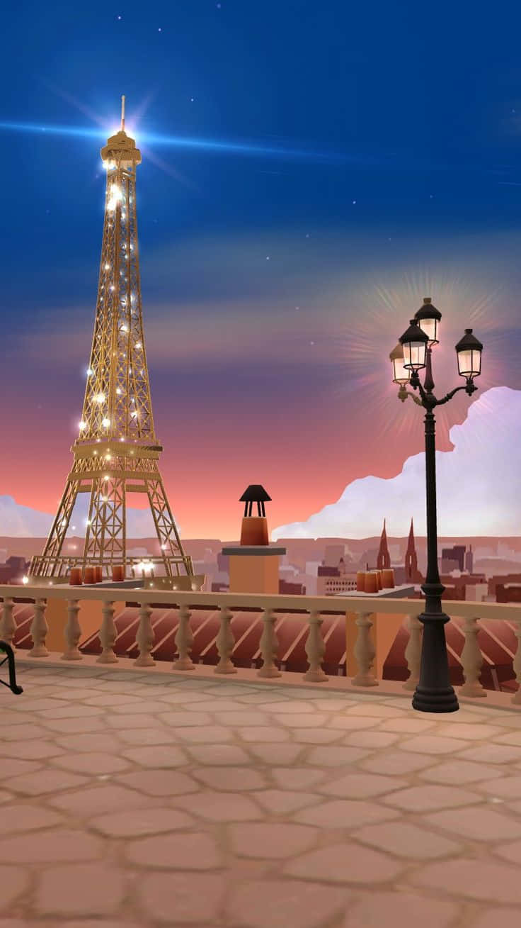 Zepeto 桌布 壁紙 — 艾菲爾鐵塔在暮色天空中，襯著星星和柔軟的雲朵，從石頭陽台視角溫暖地發光。