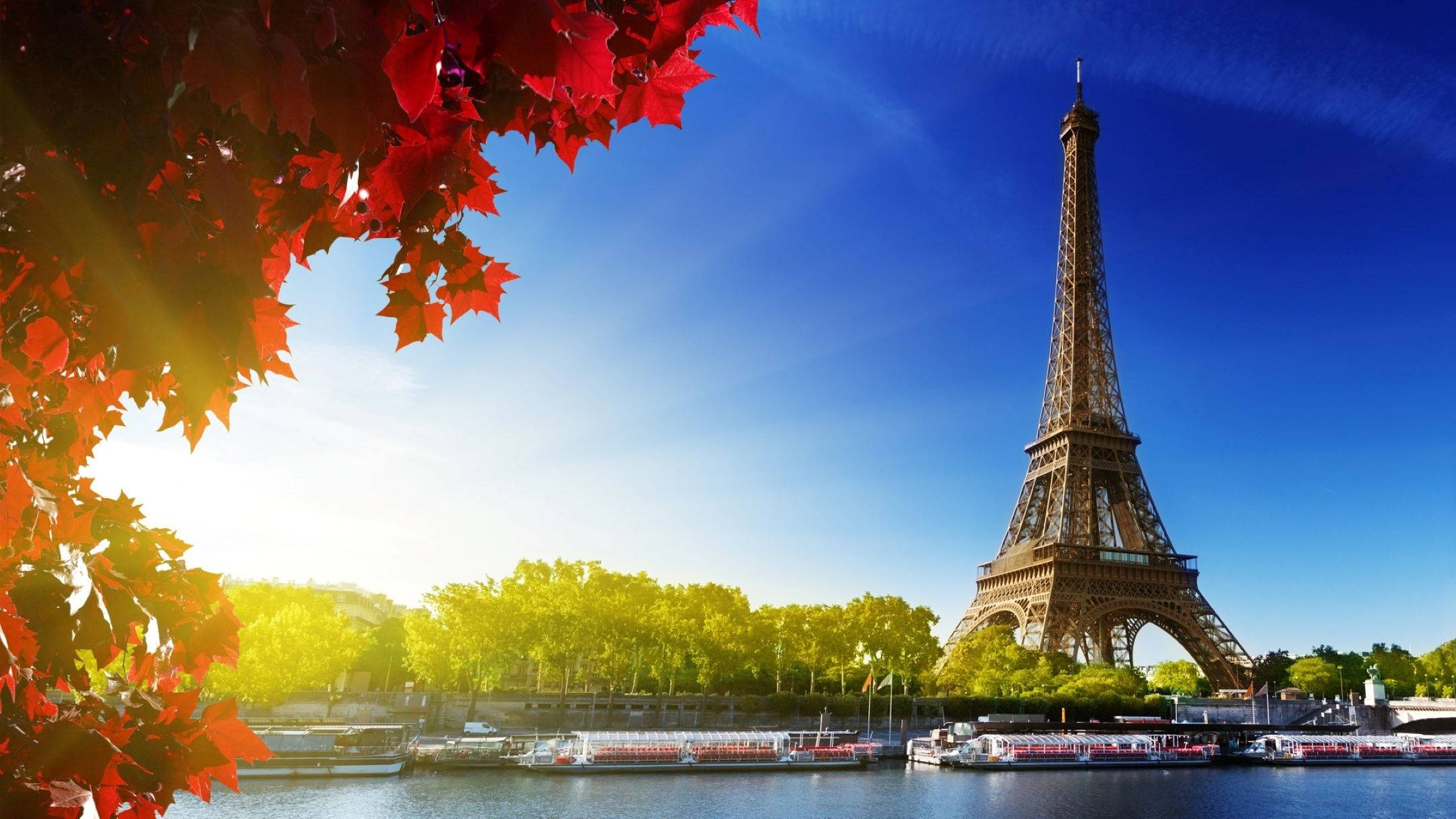 France 桌布 壁紙 — 艾菲爾鐵塔在清澈的藍天下高聳，周圍環繞著鮮紅的秋葉，下方塞納河上有船隻。