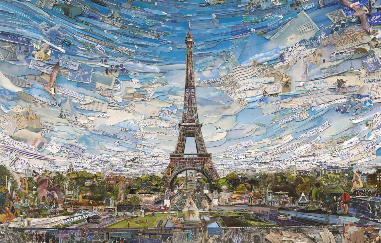 Contemporary Art 桌布 壁紙 — 艾菲爾鐵塔高聳於天空下，天空充滿漂浮的明信片和手寫訊息，呈現充滿活力的拼貼風格。