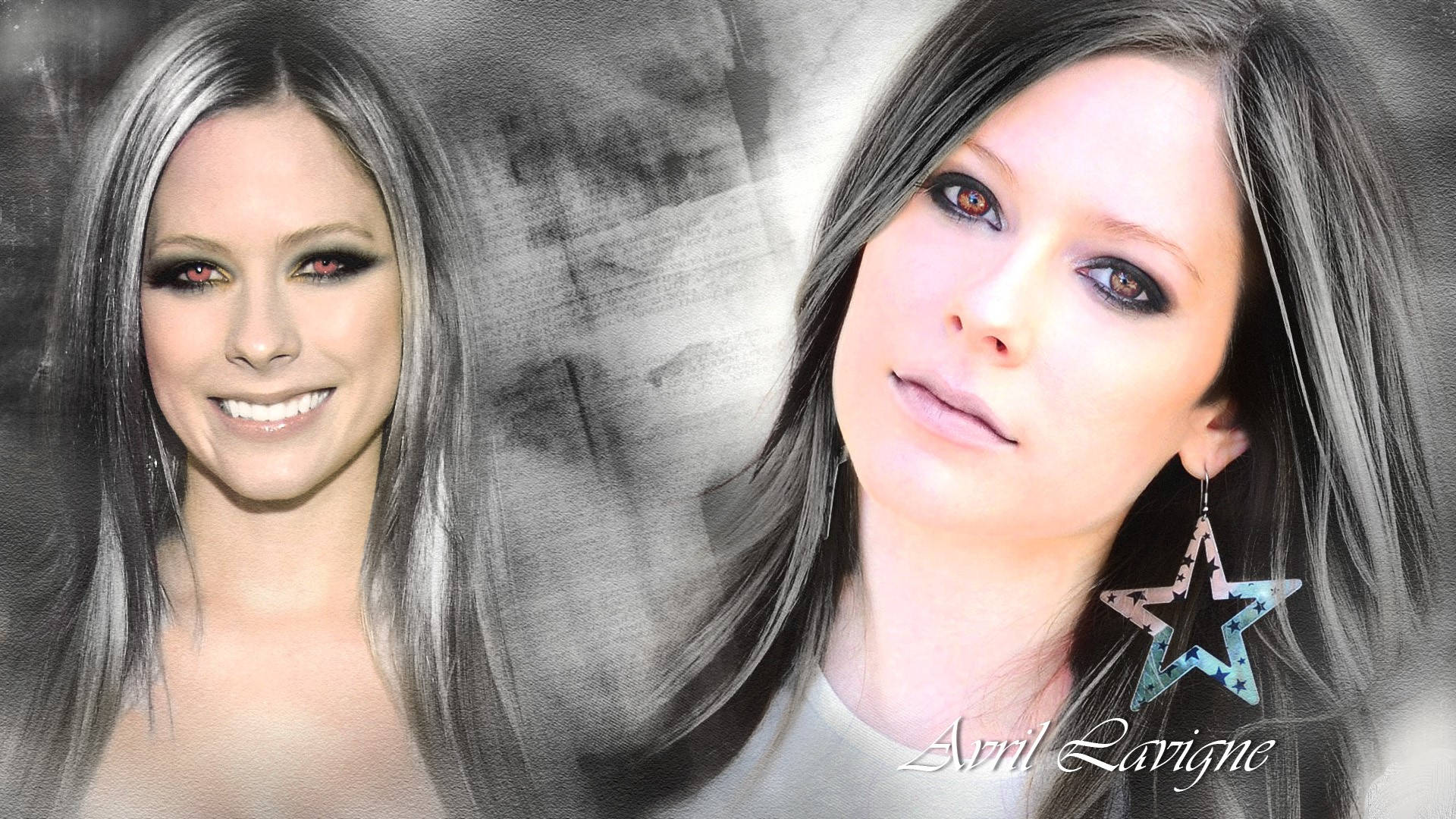 Avril Lavigne 肖像，帶有星星耳環和煙燻眼妝，背景有紋理。