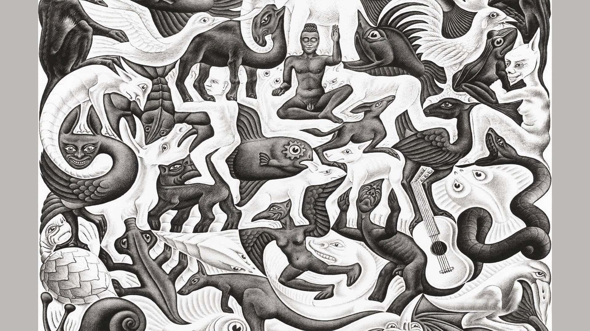 超現實的黑白插圖，描繪神話生物與人類形象交織在一起。