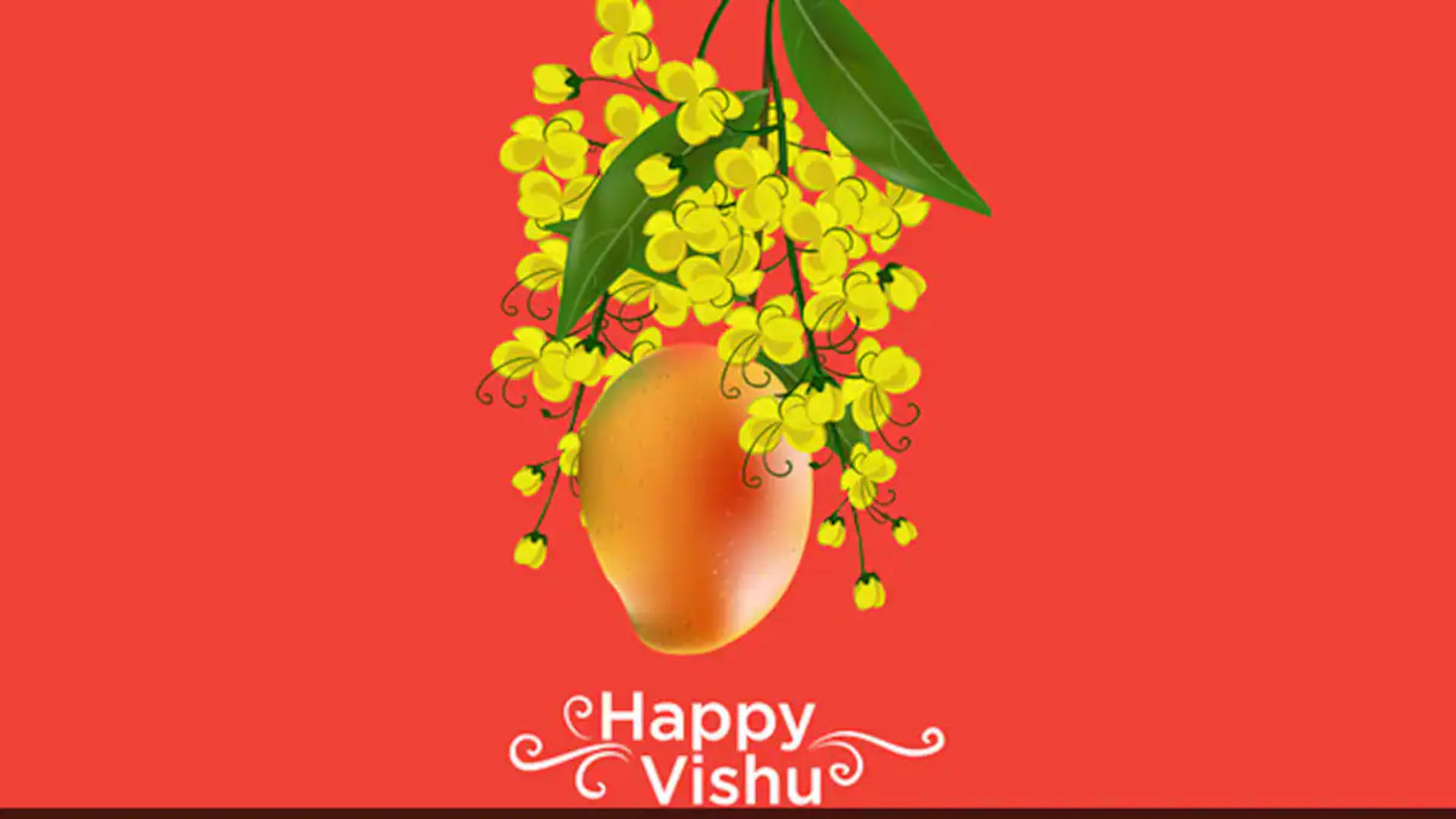 成熟芒果配黃色花朵，紅色背景，用於Happy Vishu節日。