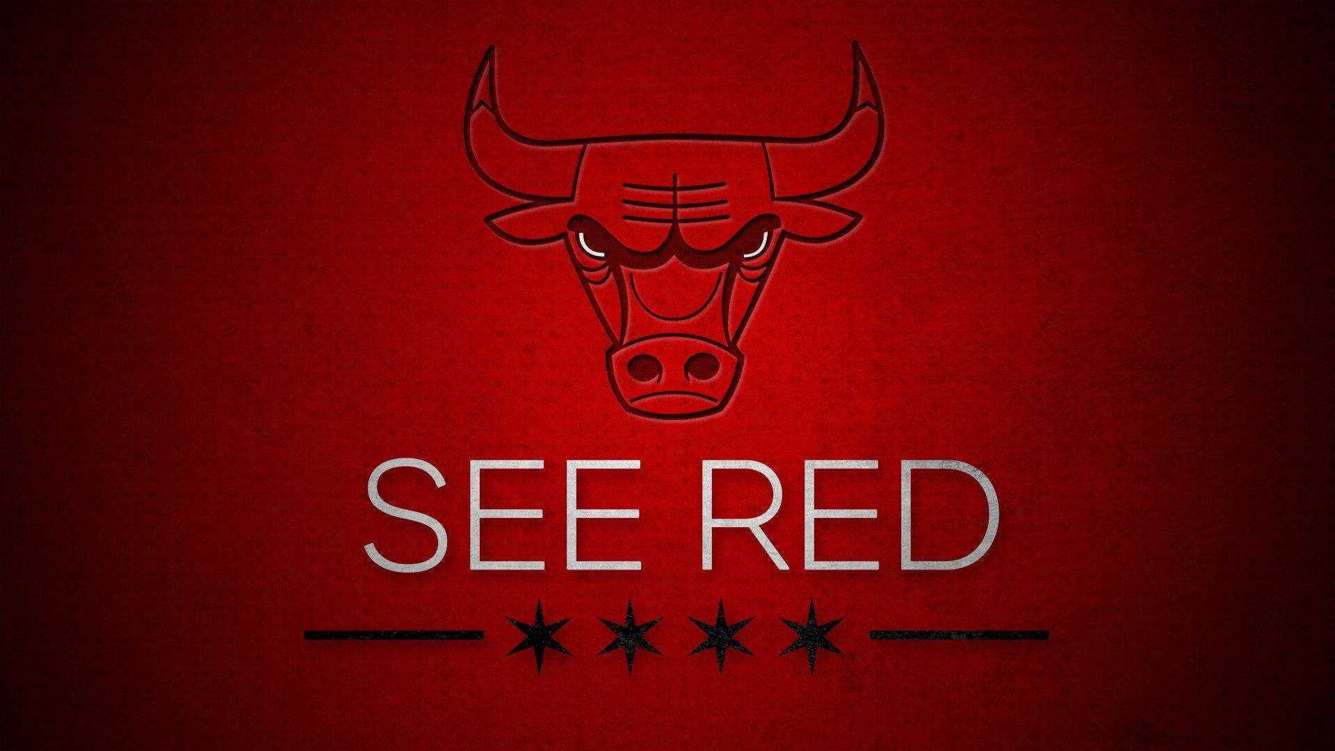 芝加哥公牛隊四黑星標誌 壁紙 — 一個大膽的紅色公牛標誌，帶有「SEE RED」文字和四顆星，位於有紋理的深紅色背景上。