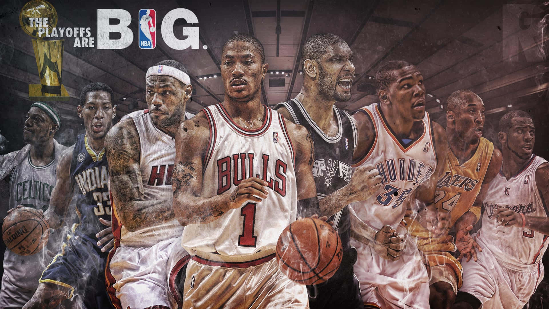 NBA季後賽球員以動作姿勢呈現，並帶有籃球和獎盃圖案。
