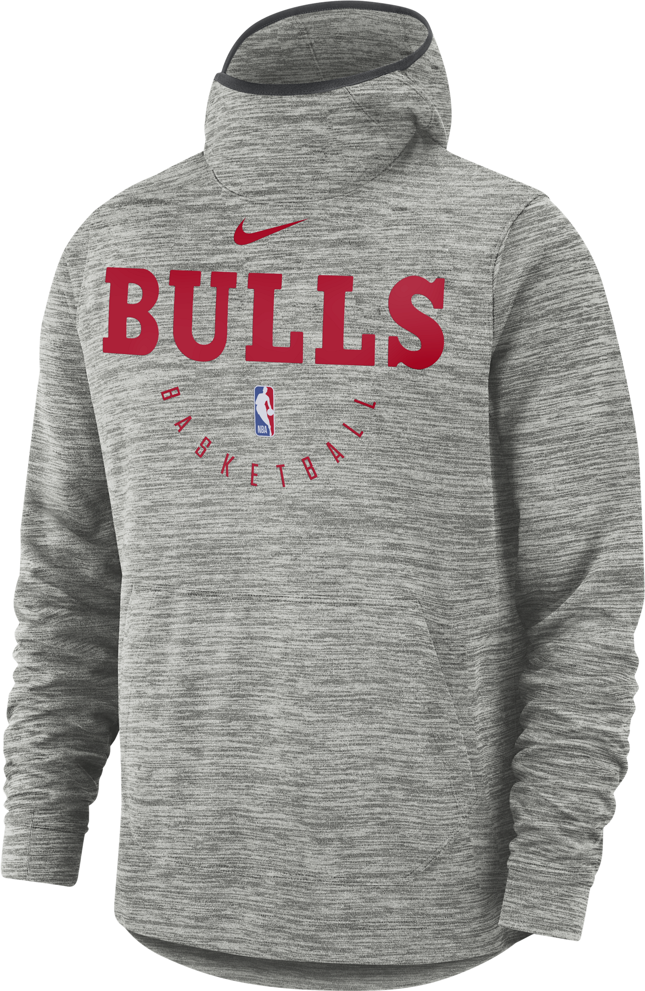 芝加哥公牛隊耐克連帽衫 壁紙 — 一件灰色混紡芝加哥公牛隊NBA連帽衛衣，帶有紅色標誌和Nike勾勾，背景為黑色。