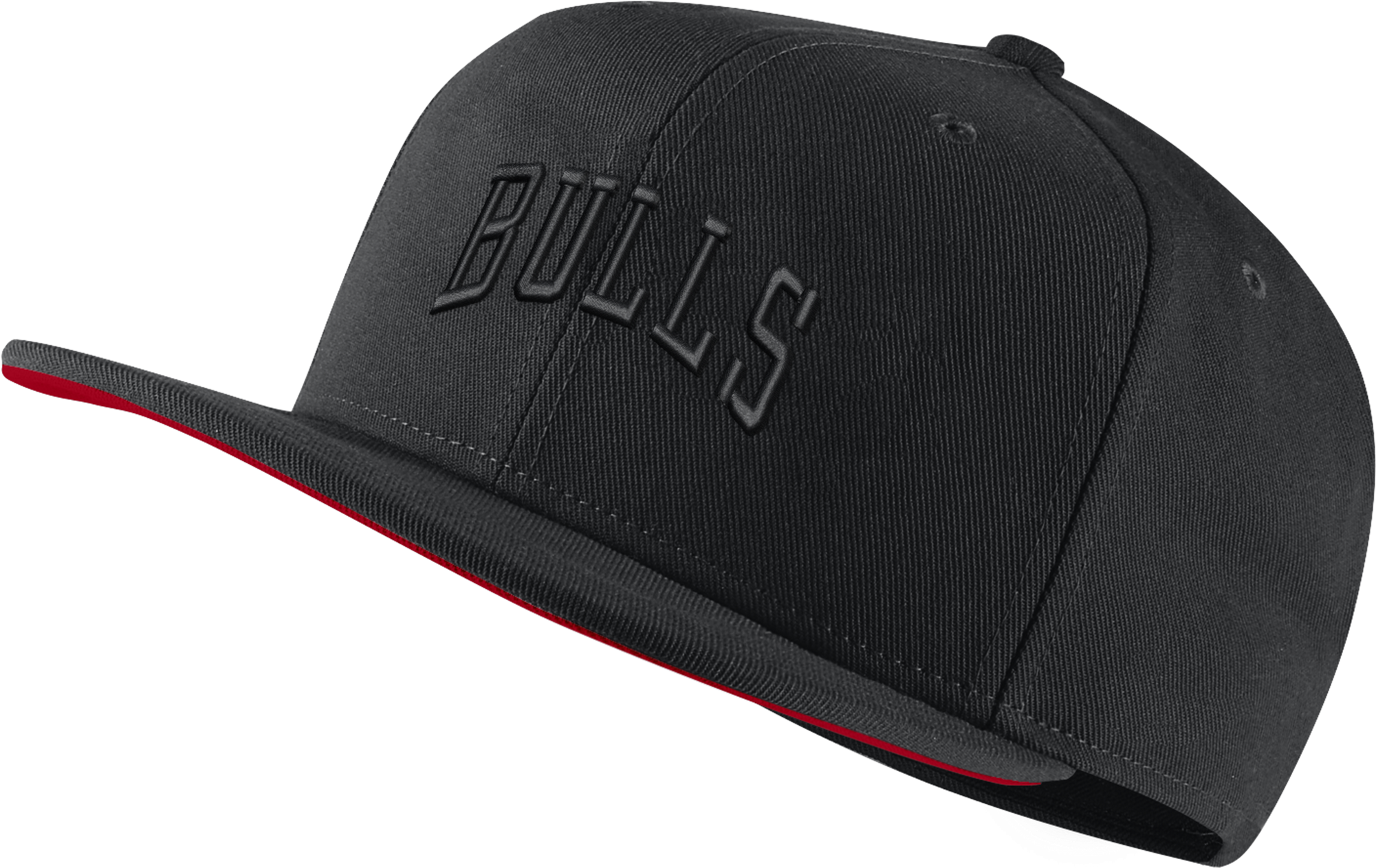芝加哥公牛隊黑色棒球帽 壁紙 — 時尚黑色 snapback 帽，繡有凸起的 'BULLS' 字樣，並有對比鮮明的紅色帽檐內側。