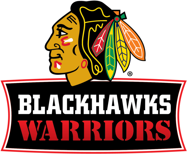 芝加哥冰球隊標誌 壁紙 — 大膽的 Blackhawks Warriors 標誌，以風格化的美洲原住民頭像和彩色羽毛為特色，背景為黑色。