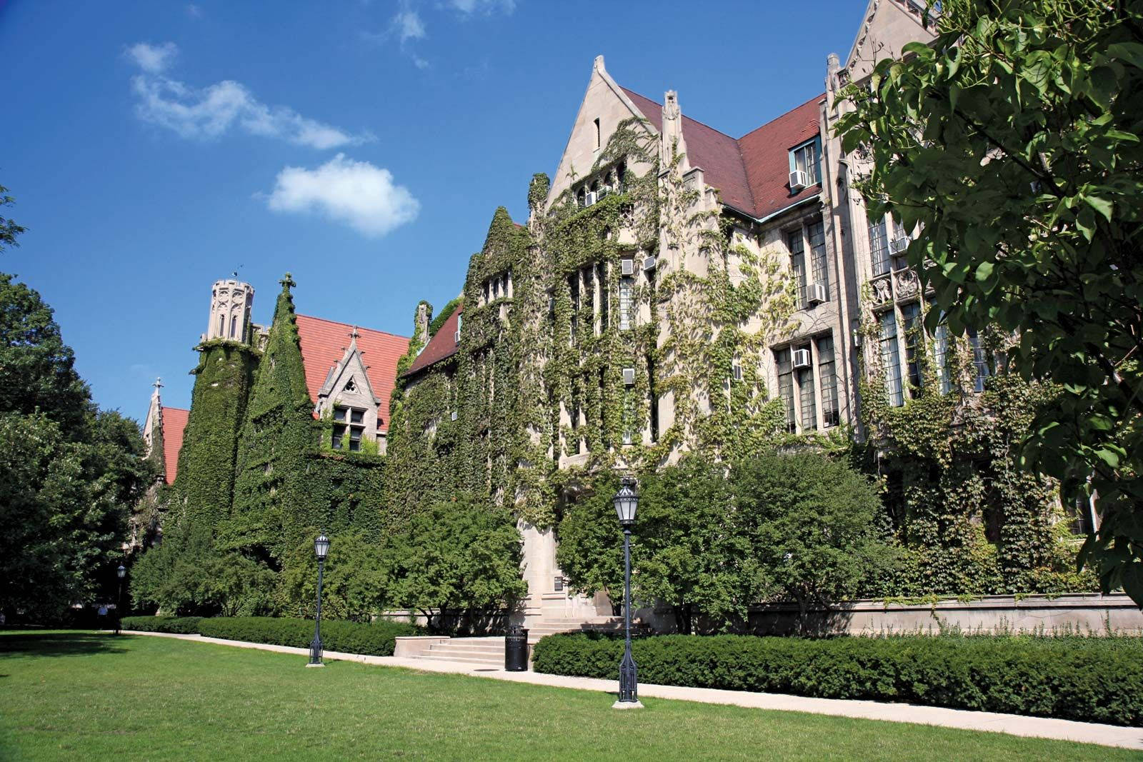 陽光明媚的夏日，爬滿常春藤的哥德式大學建築。