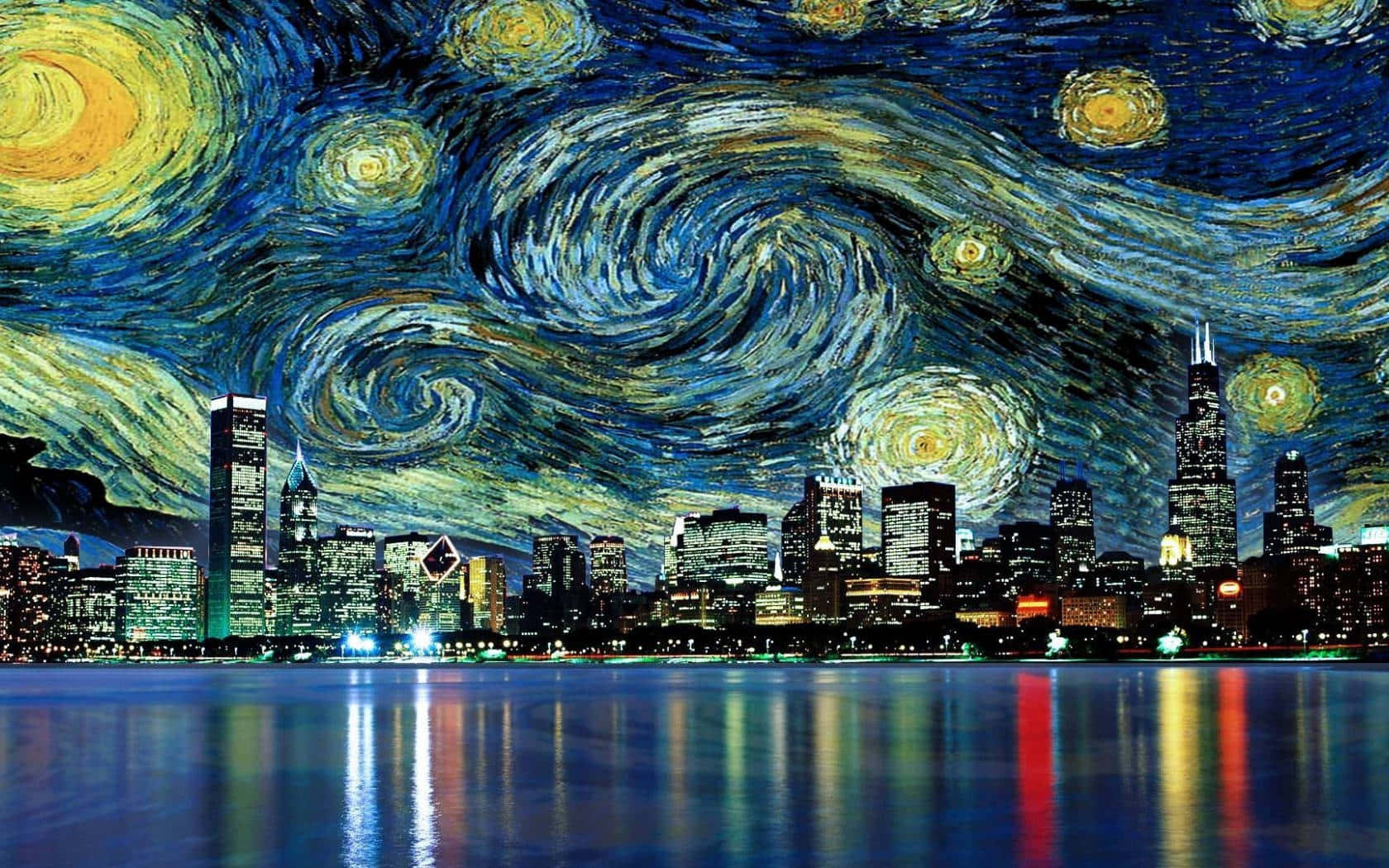 梵高 桌布 壁紙 — 芝加哥天際線夜景，下方是梵高風格、以鮮豔藍色和黃色繪製的漩渦星空。