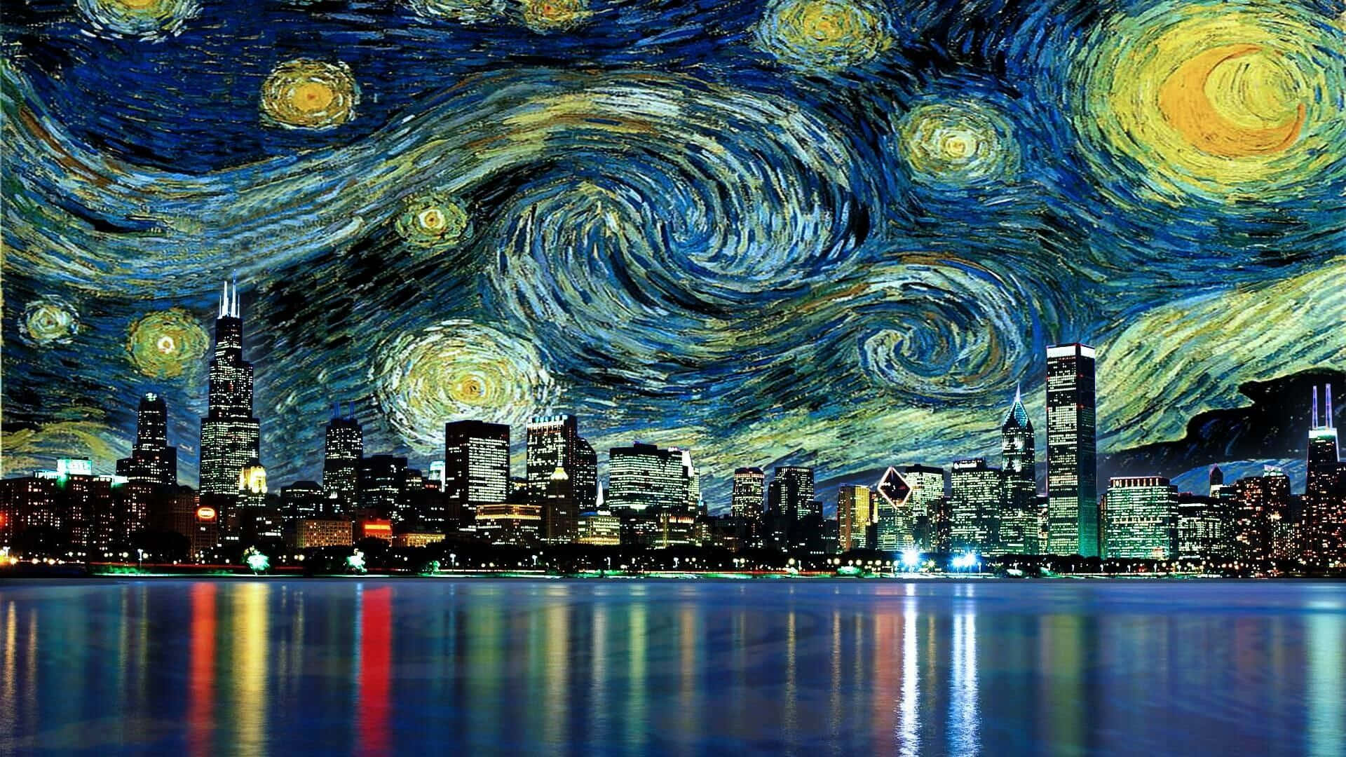 梵高 桌布 壁紙 — 芝加哥天際線夜景，梵高標誌性風格繪製的旋轉星空下。