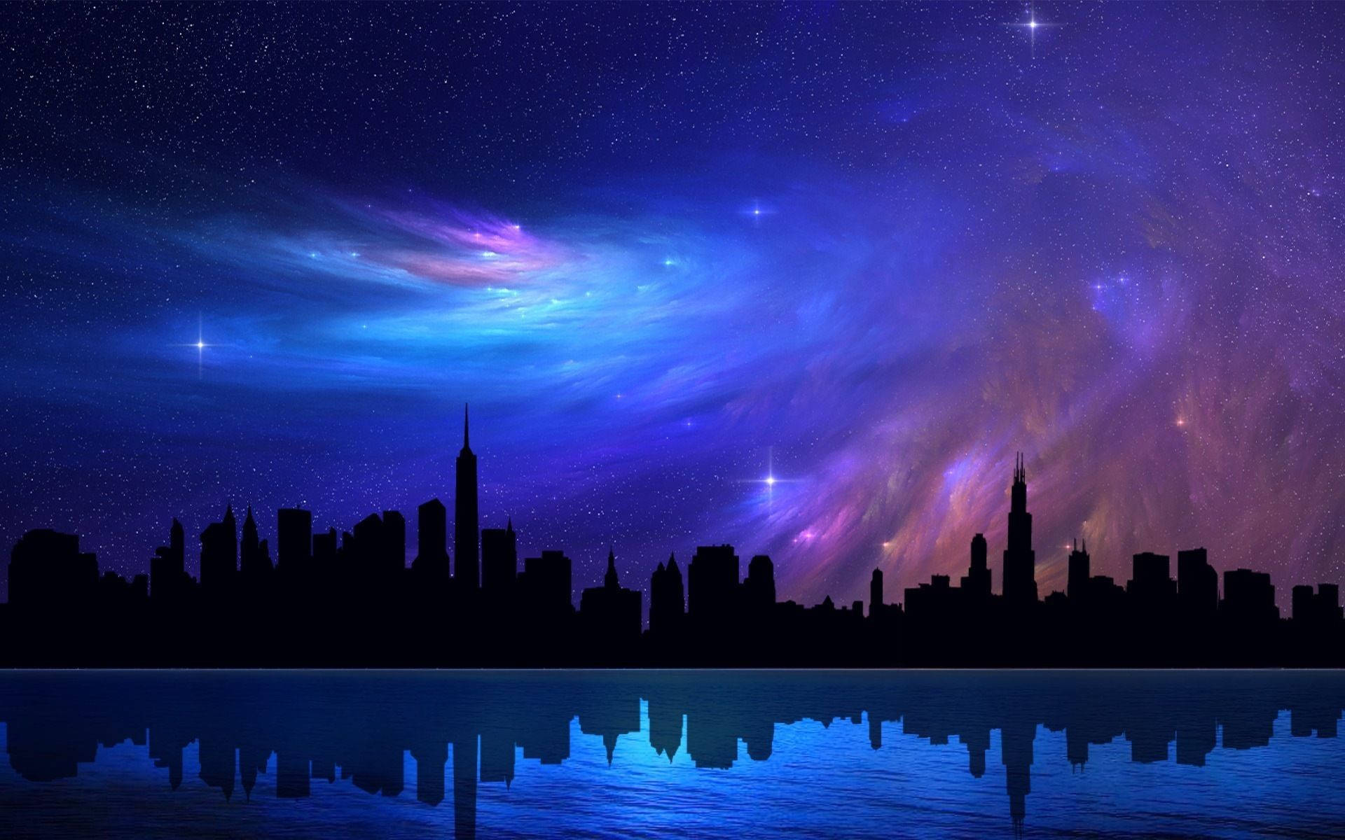 芝加哥天際線的美麗夜景 壁紙 — 城市天際線剪影在平靜的水面上倒映，下方是充滿活力的星雲夜空。