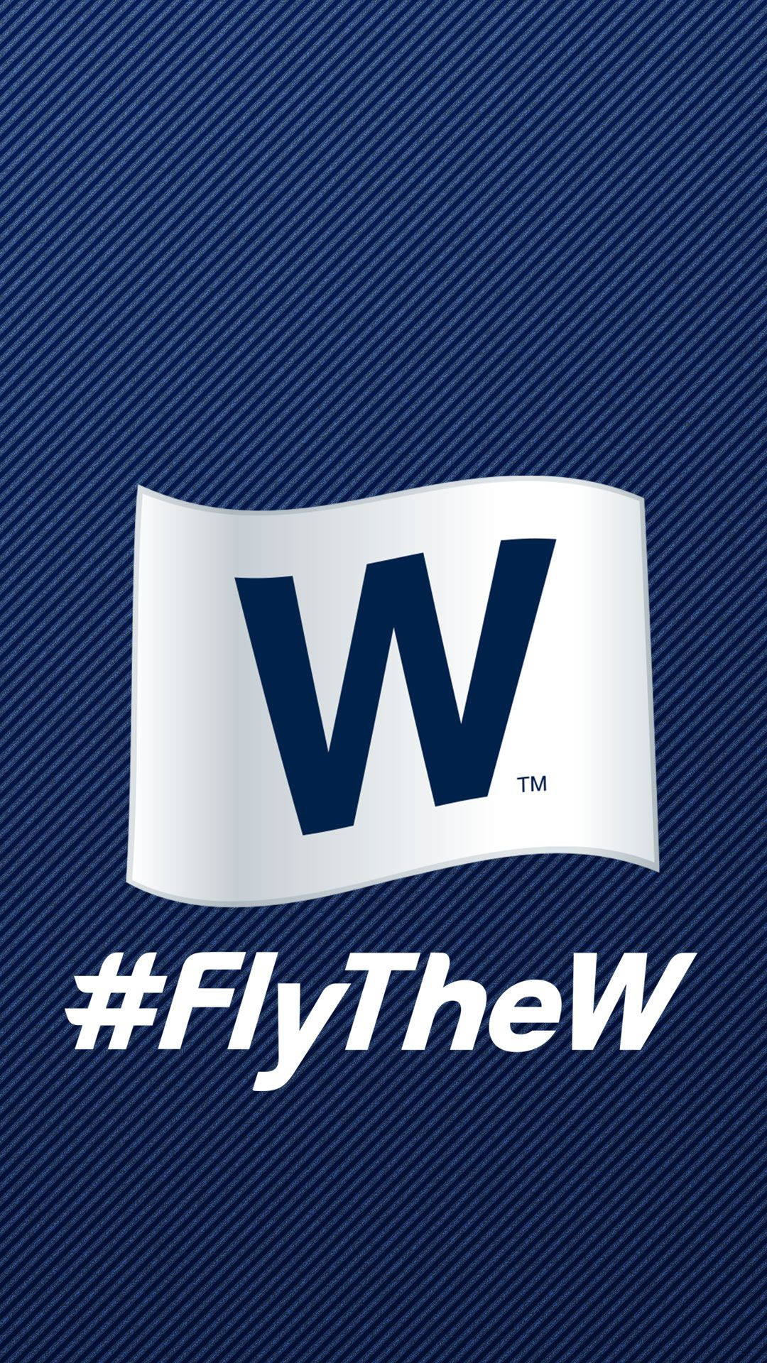 一面白色飄揚旗幟，帶有海軍藍色 W 標誌，背景為藍色斜紋，附有 hashtag flythew。