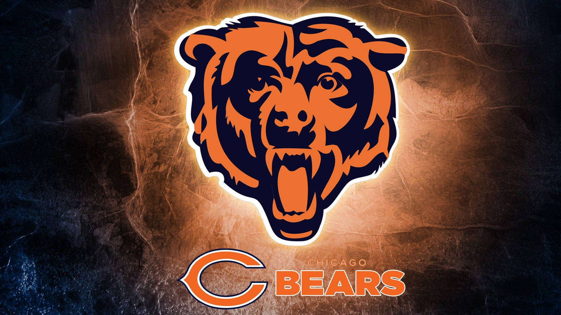 Go Bears! 壁紙 — 芝加哥熊隊標誌在熾熱紋理背景上發出橙色和海軍藍光芒。