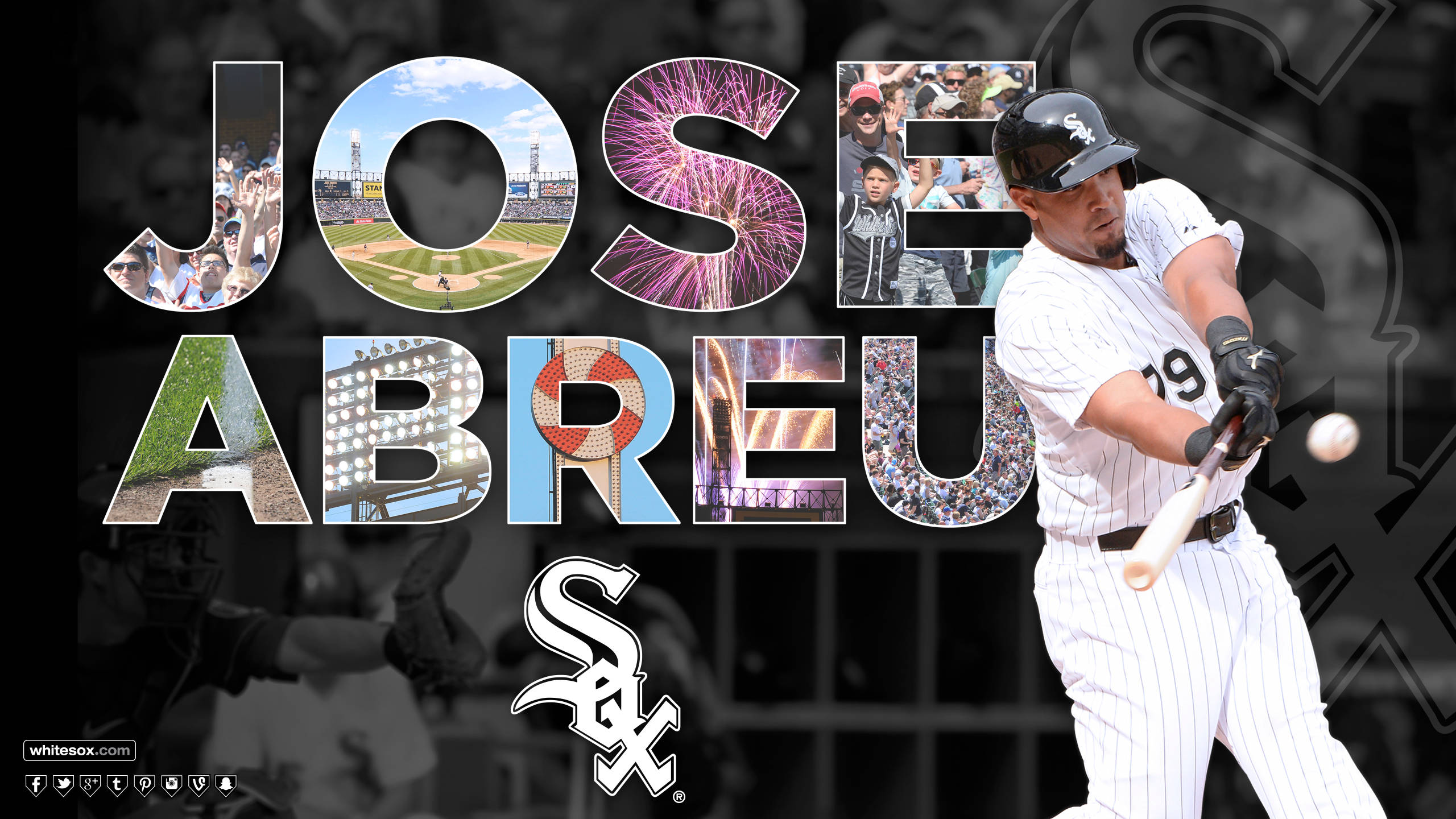 芝加哥白襪隊約瑟·阿布雷烏封面 壁紙 — 棒球選手 Jose Abreu 身穿白色細條紋制服，揮棒中，球在運動中，周圍是球場照片和煙火，位於風格化的名字字母內。