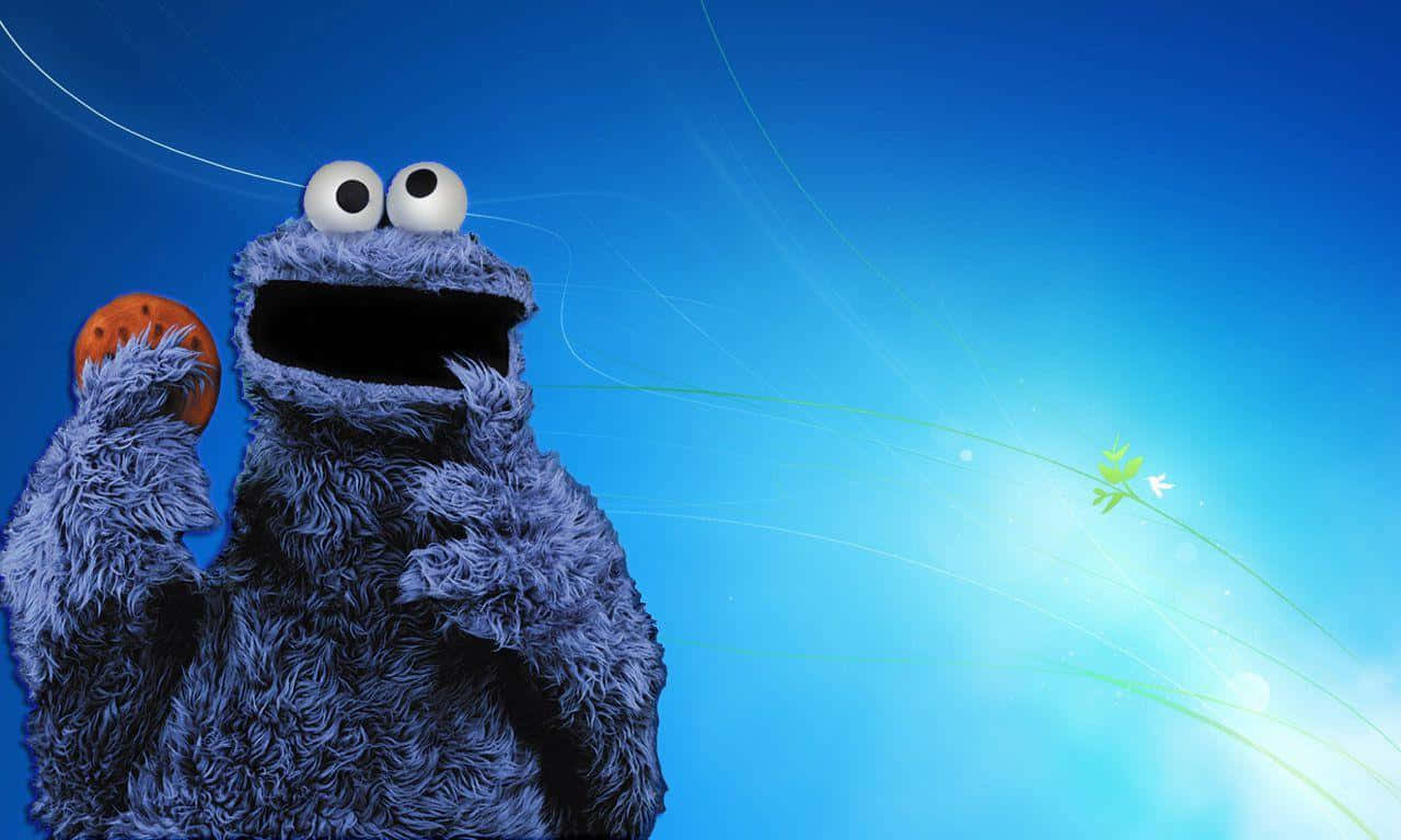 芝麻街一起唱歌、玩耍與跳舞！ 壁紙 — Cookie Monster 喺充滿活力嘅藍色漸變背景上，帶住發光嘅綠色條紋，拎住一塊朱古力曲奇。