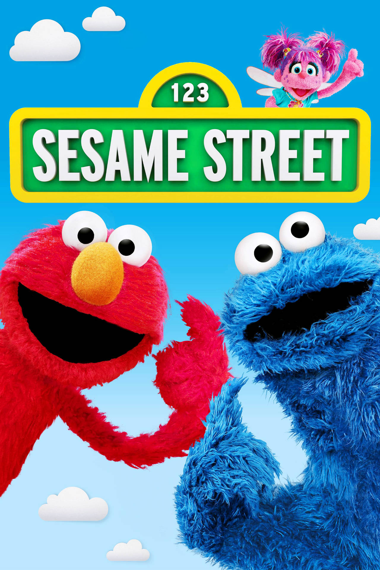 Elmo 和 Cookie Monster 在藍天下，伴隨著芝麻街標誌和 Abby Cadabby 在上方，開心地揮手。