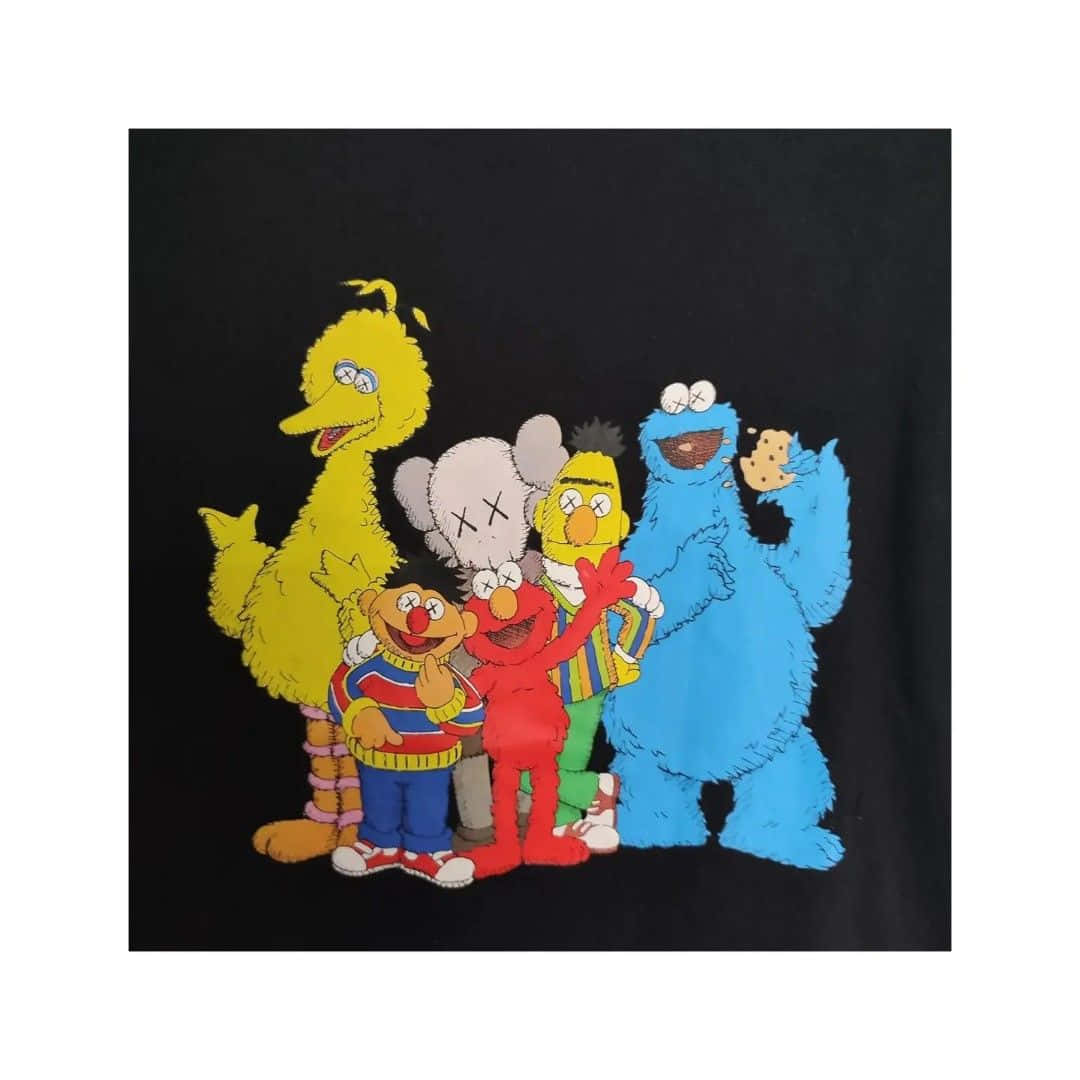 Kaws Sesame Street 桌布 壁紙 — 芝麻街角色包括Elmo、Cookie Monster和Big Bird，在黑色背景上以KAWS風格的交叉眼睛站在一起。
