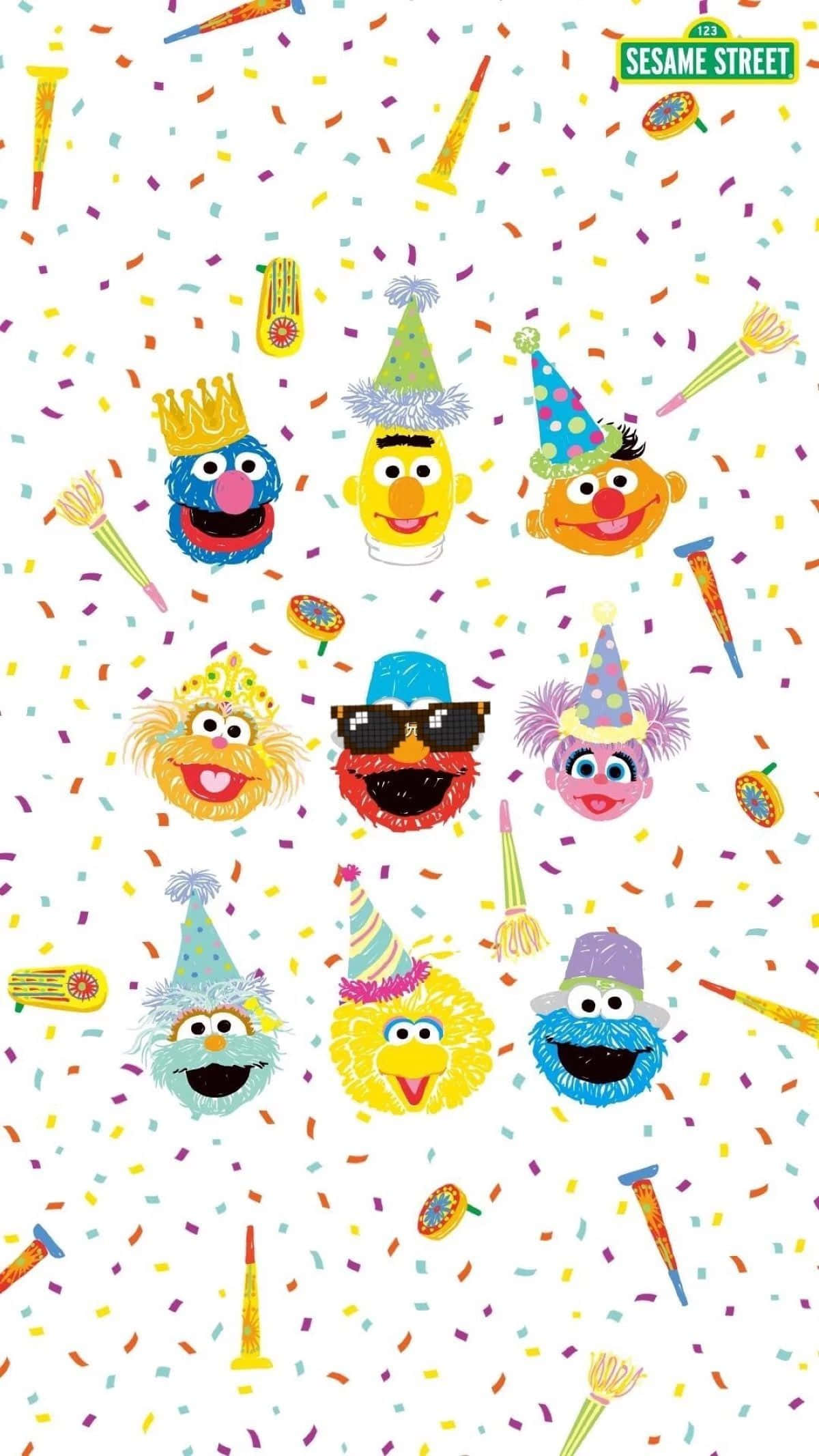 Sesame Street 桌布 壁紙 — 芝麻街角色在白色背景前戴上派對帽、撒紙屑和吹派對喇叭慶祝。