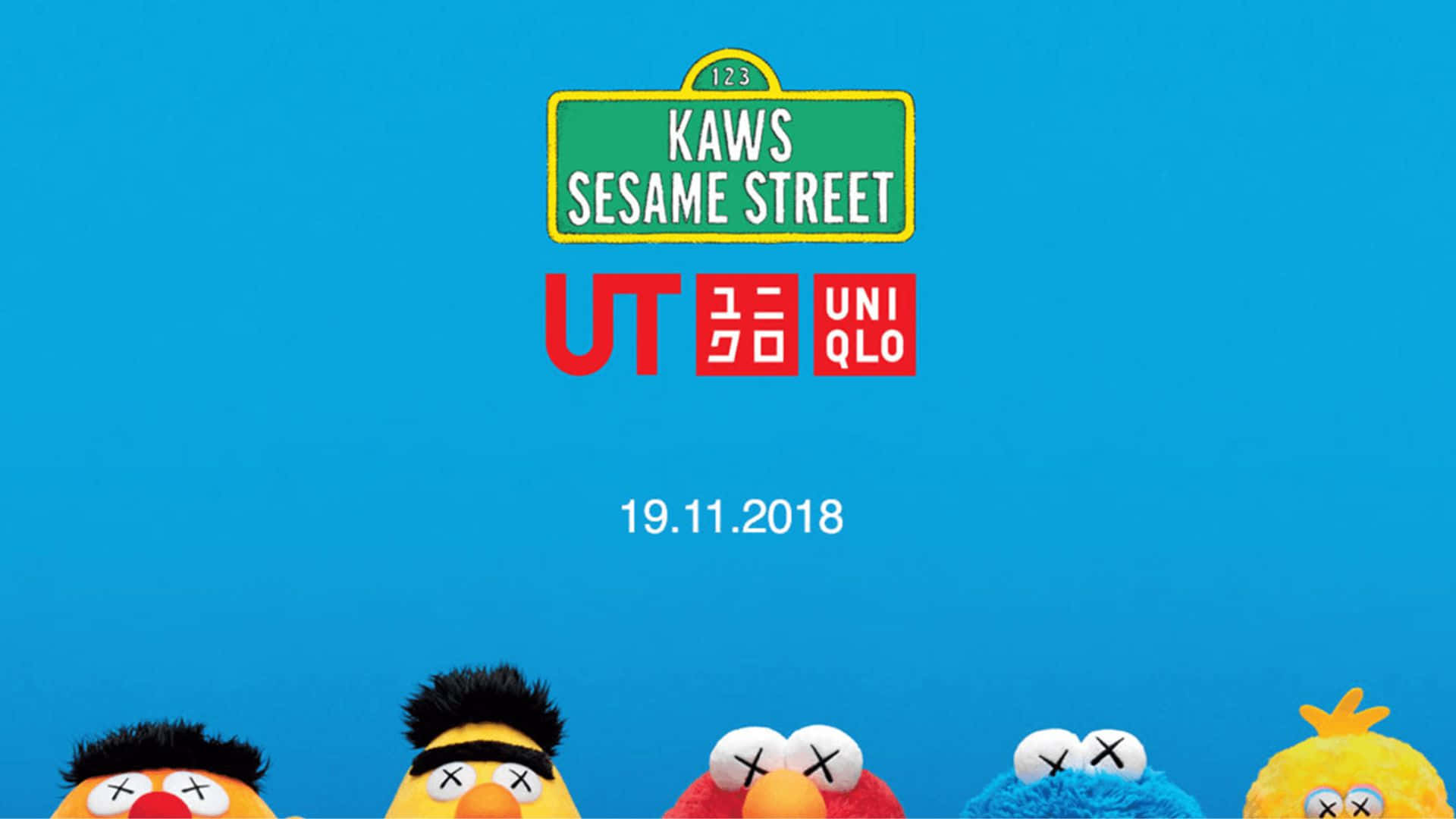 Kaws Sesame Street 桌布 壁紙 — 芝麻街角色帶有KAWS標誌性X眼睛，出現在綠色路牌下方，背景為純藍色。