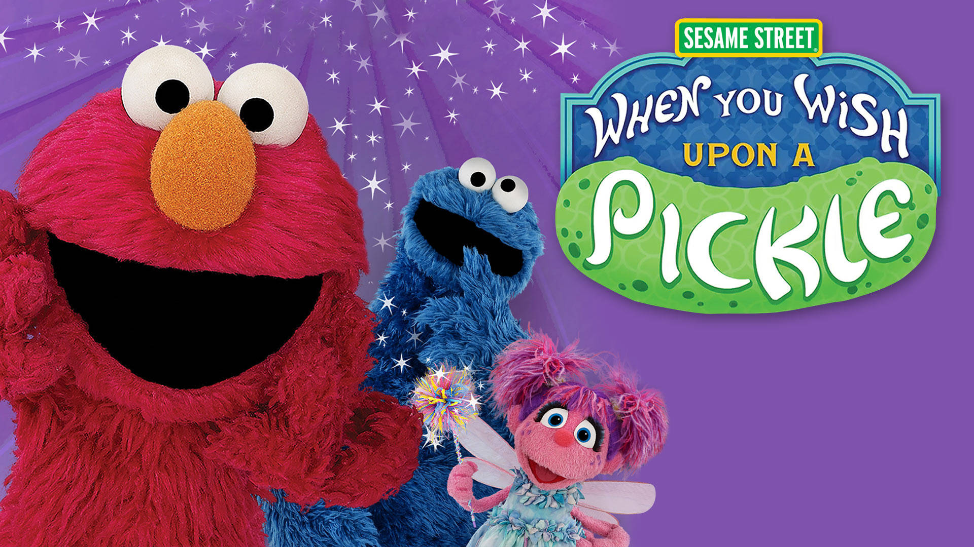 Elmo Cookie Monster 和 Abby Cadabby 微笑，背景是星空紫色和 Sesame Street 標題卡。