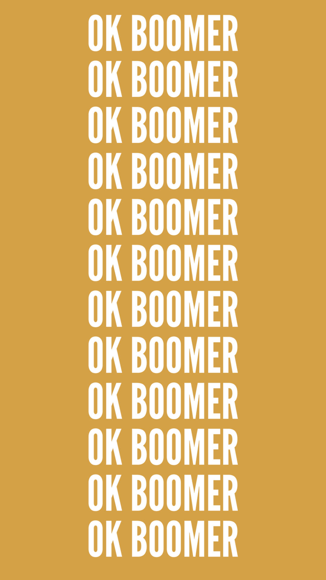 垂直文字在芥末黃色背景上重複 'OK BOOMER'。