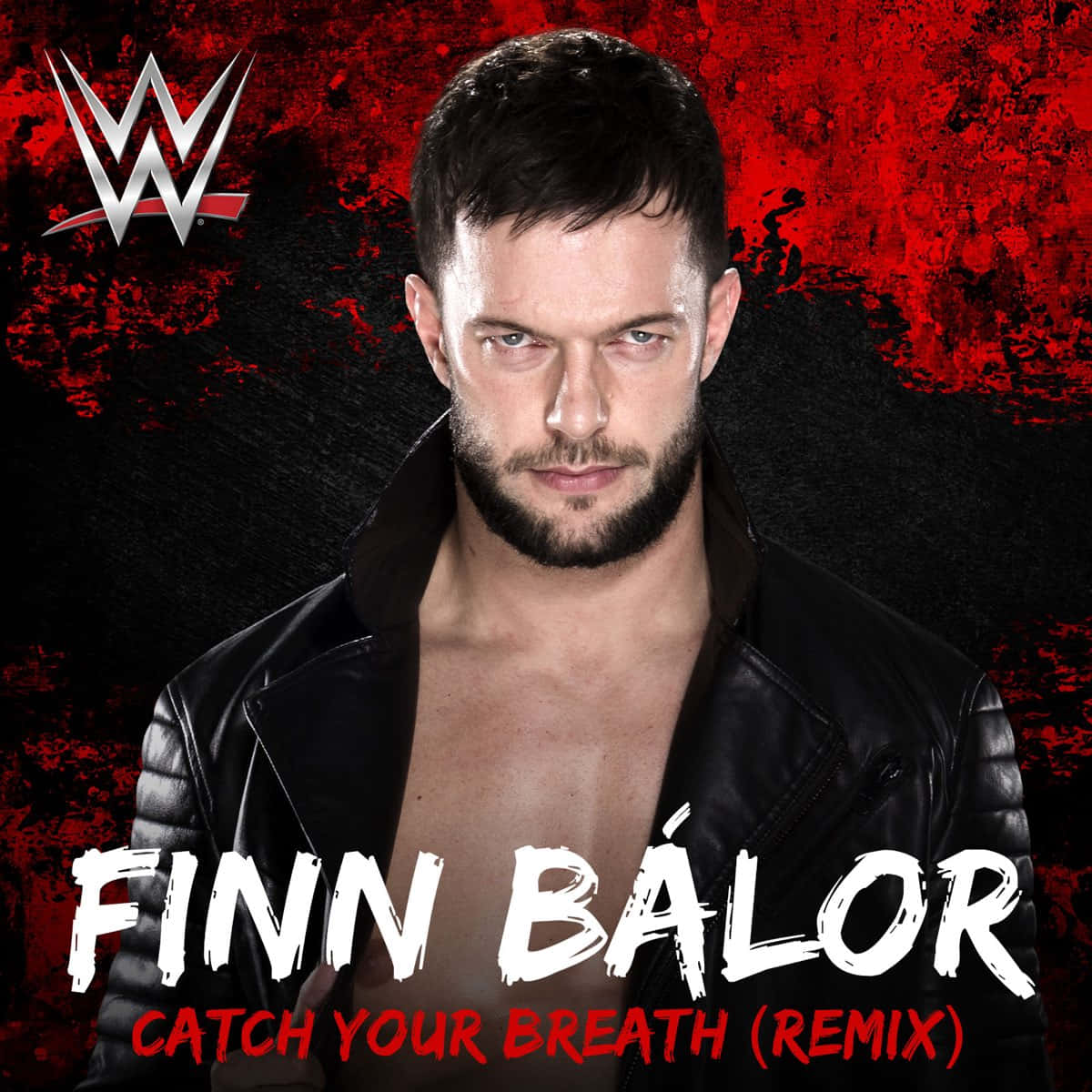 芬·巴洛爾，亦即Fergal Devitt 壁紙 — WWE摔角手Finn Bálor穿著黑色皮褸，在粗糙的紅黑背景下凝視。