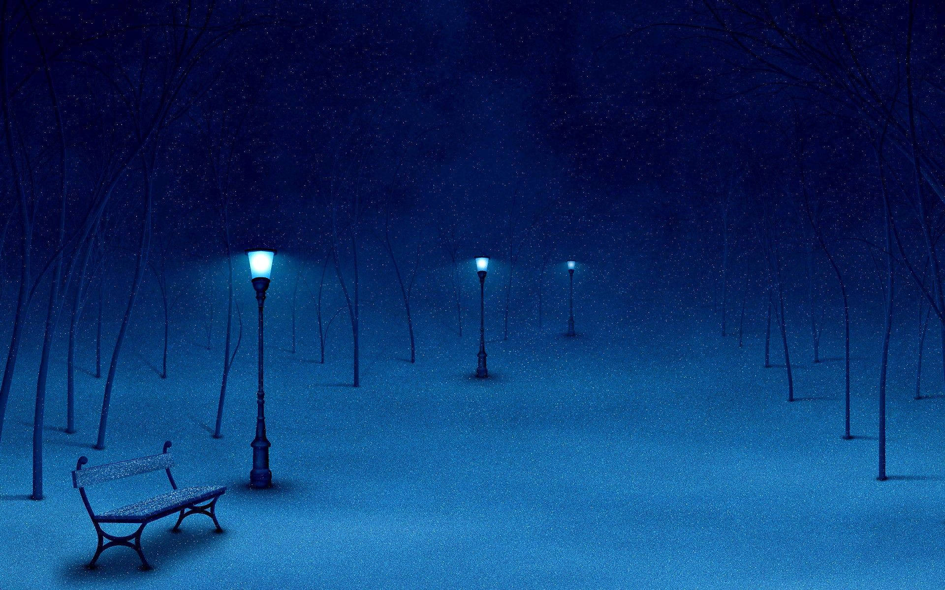 夜晚的雪地公園，長椅和發光路燈在飄雪下。