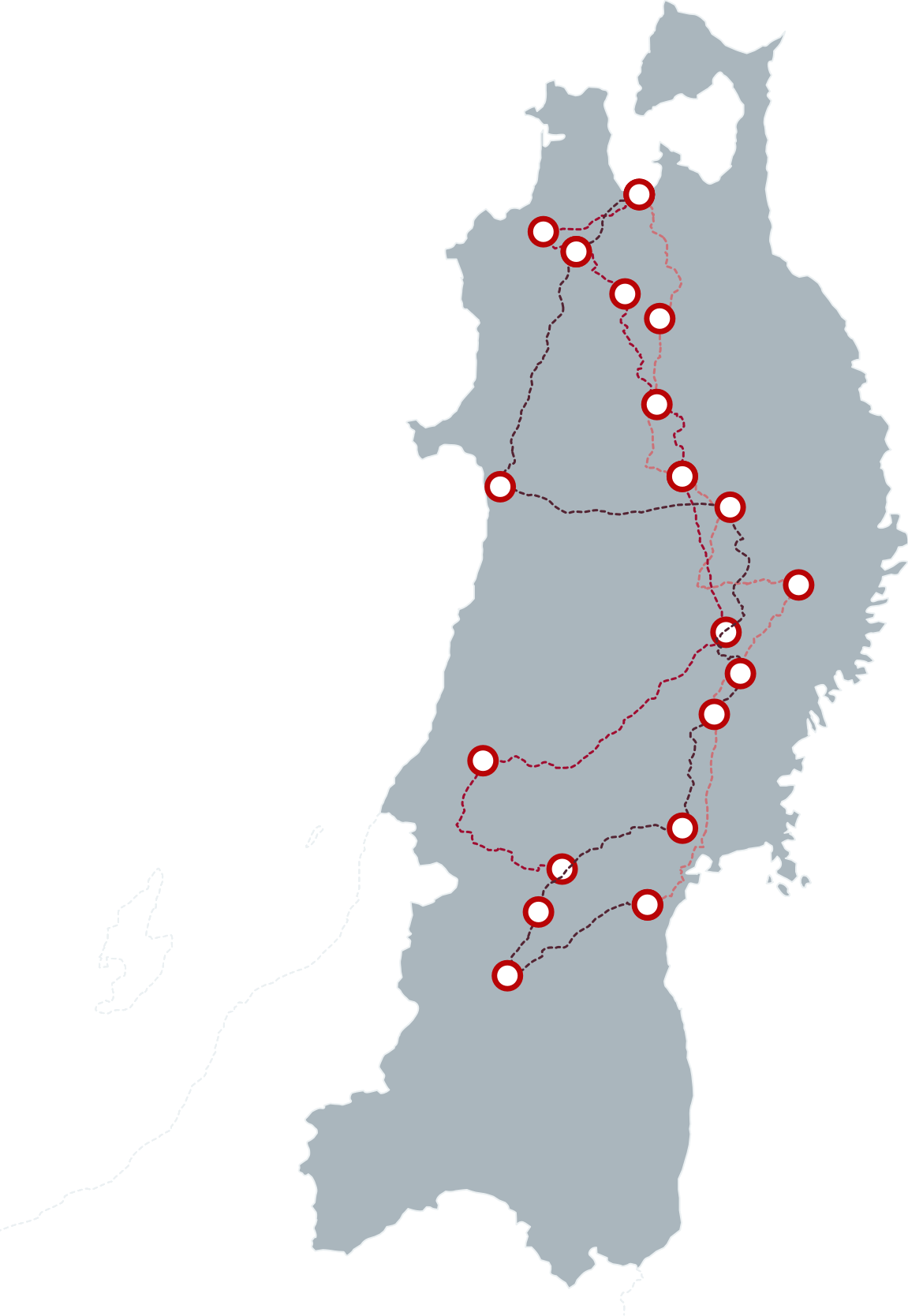 芬蘭旅行路線地圖 壁紙 — 一個極簡灰色沿海地區地圖，帶有紅色圓形標記和虛線指示旅行路線，背景為黑色。