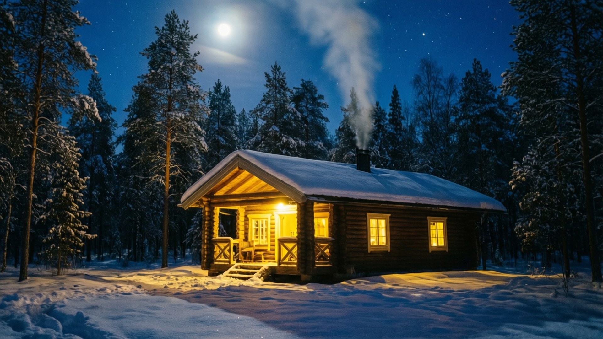 夜晚，白雪覆蓋的森林中，一間積雪的木屋窗戶透出溫暖的燈光。