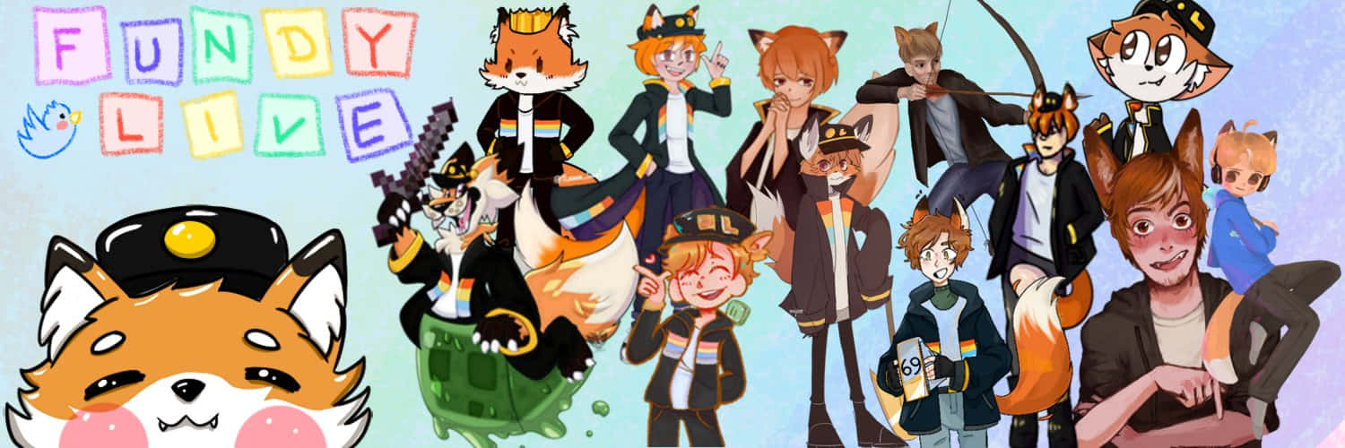 一群以動漫風格呈現的擬人化狐狸愉快地一起擺姿勢。