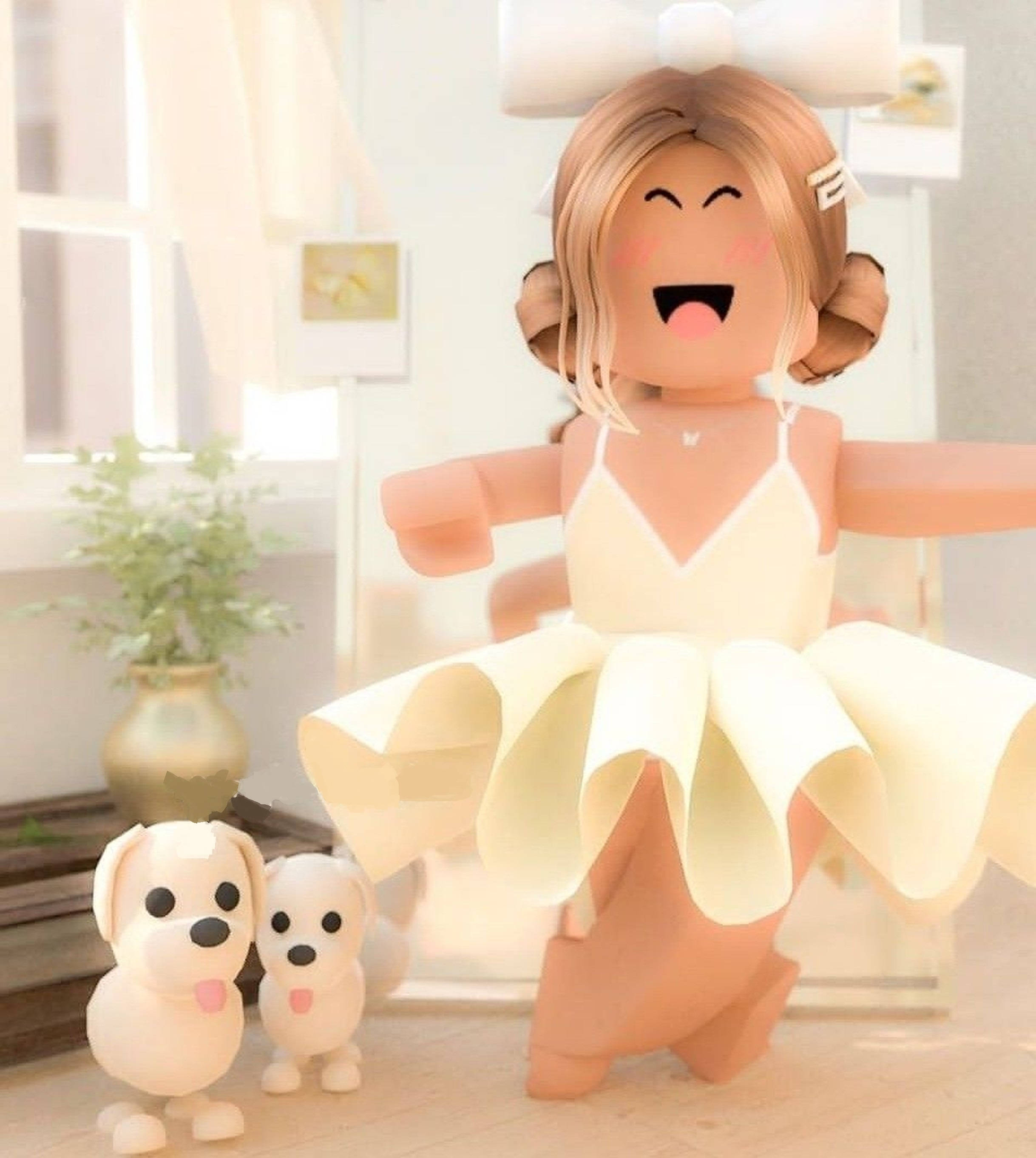 芭蕾舞Roblox女孩 壁紙 — 一個快樂的Roblox虛擬角色穿著奶油色芭蕾舞裙，在陽光明媚的房間裡與兩隻毛絨小狗跳舞。