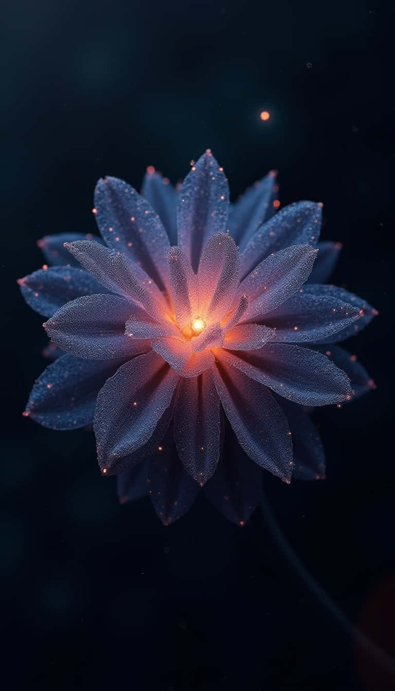 一朵發光的藍色花朵，帶有橙色中心，在黑暗的星空背景下