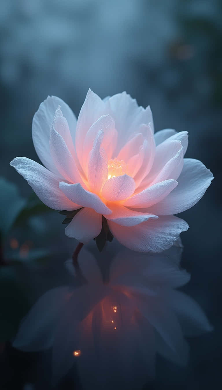 一朵發光的白色花朵，溫暖的內在光芒反射在暗水中。