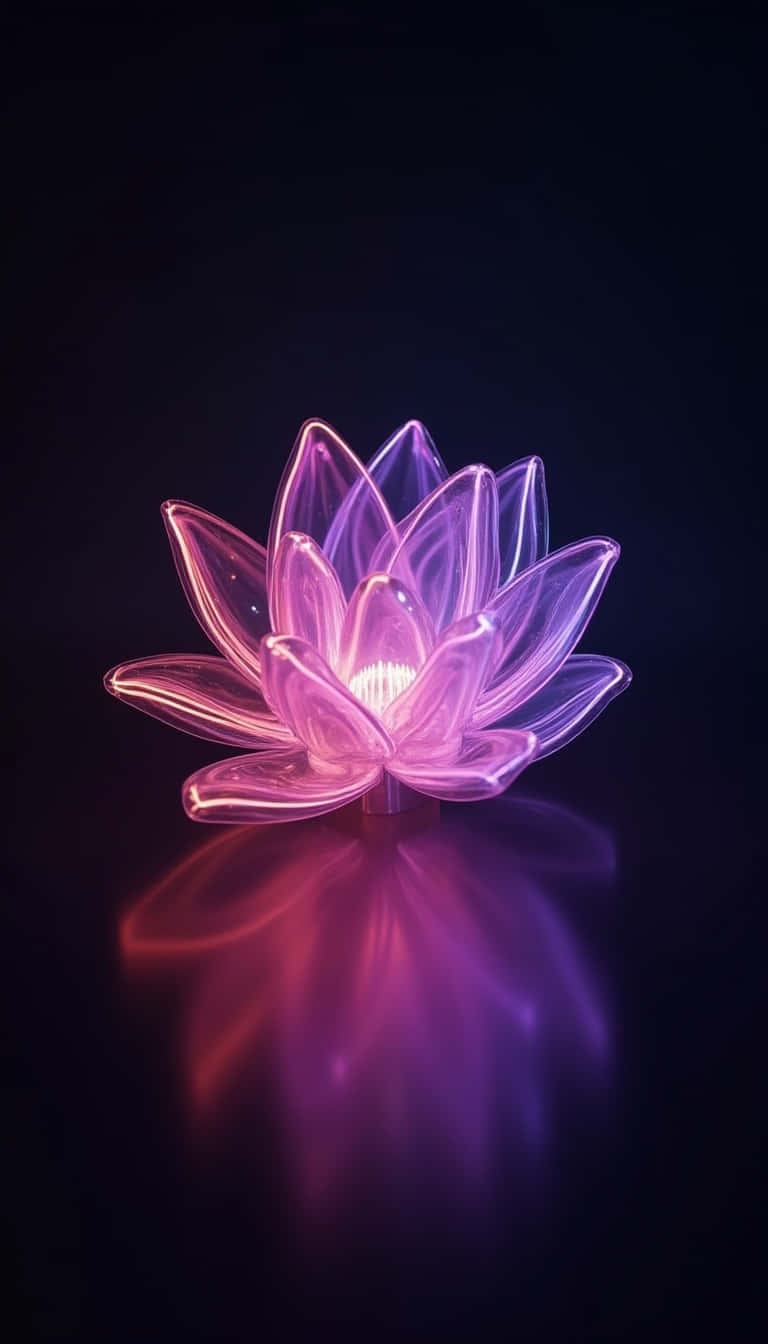 一朵發光的粉紅色蓮花，帶有白色核心，在黑暗表面上投射出紫色倒影。