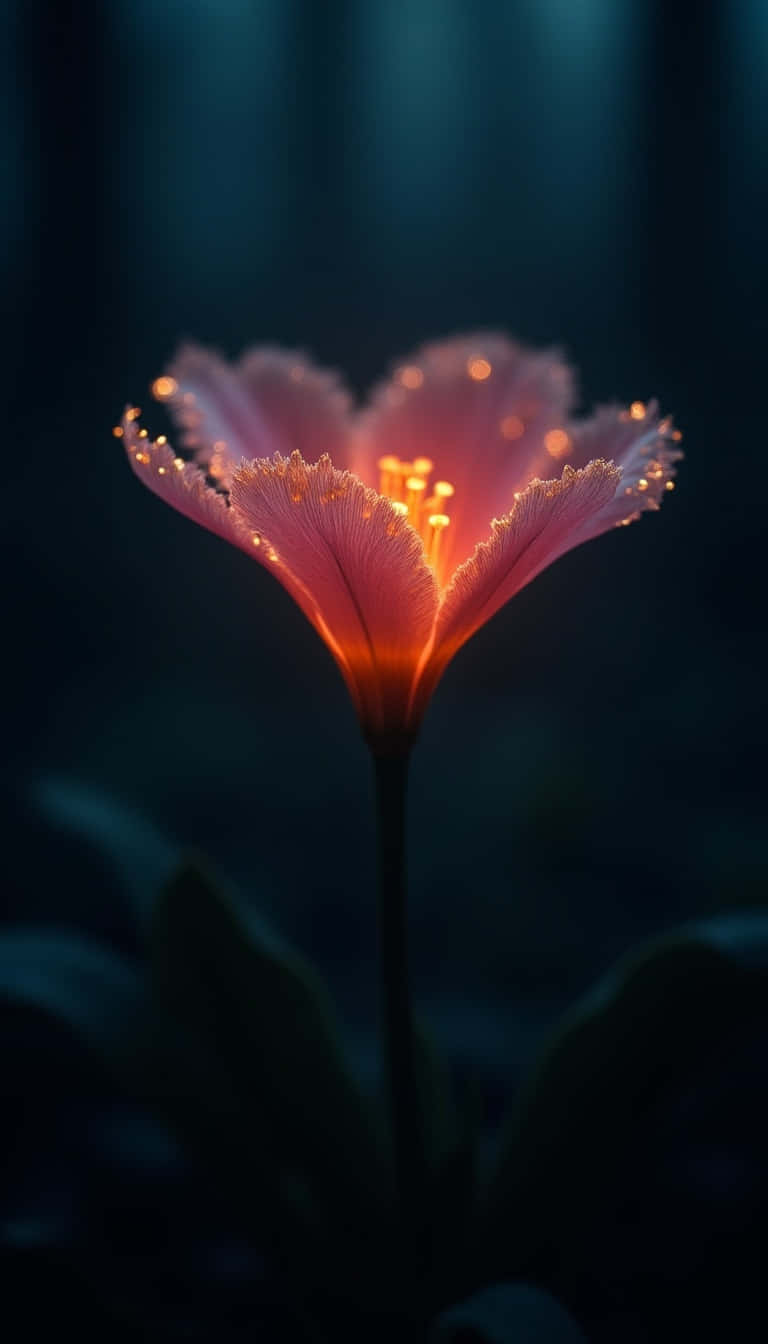 在黑暗森林環境中，一朵發光的粉紅色花朵，帶有流蘇花瓣和金色雄蕊。