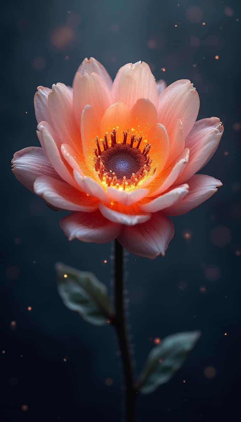 一朵發光的蜜桃色蓮花在黑暗背景下散發著溫暖的內在光芒。