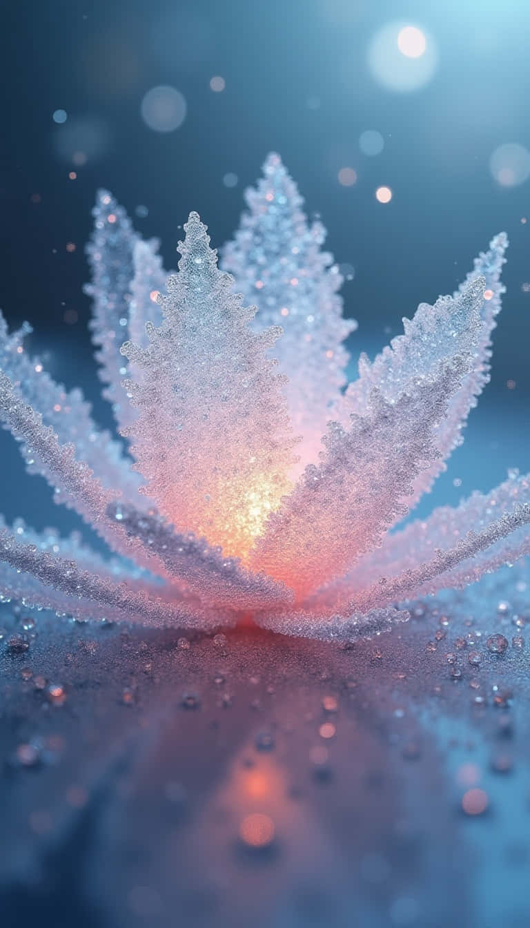 一朵發光的晶瑩蓮花，在藍色背景上帶有閃爍的水滴。