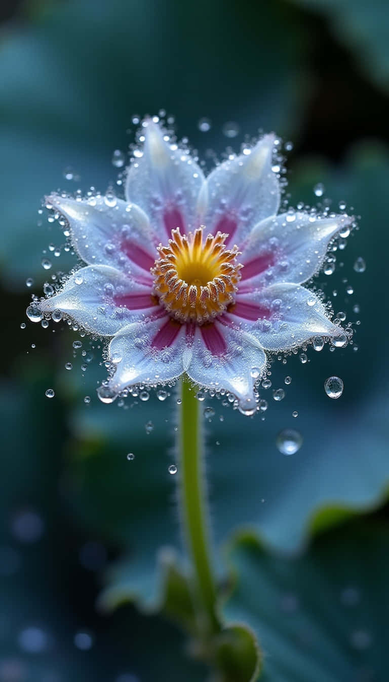 一朵沾滿露珠的白花，帶有粉紅色中心和黃色雄蕊，柔焦效果。