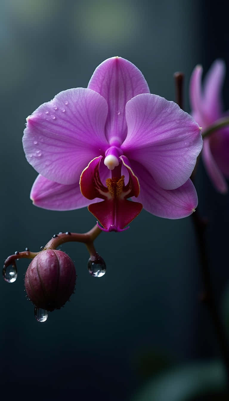 一朵紫色蘭花，花瓣和莖上有露珠。