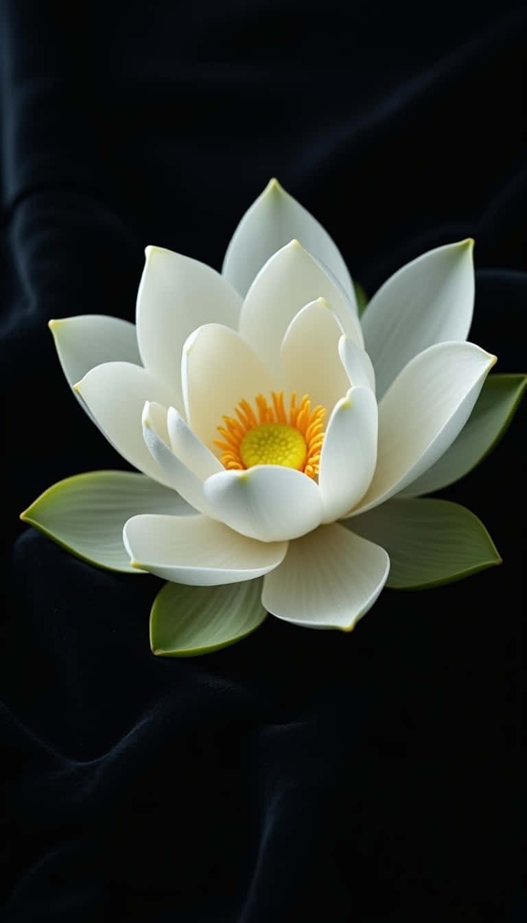 一朵白蓮花，黃色花蕊，在黑色天鵝絨布料上