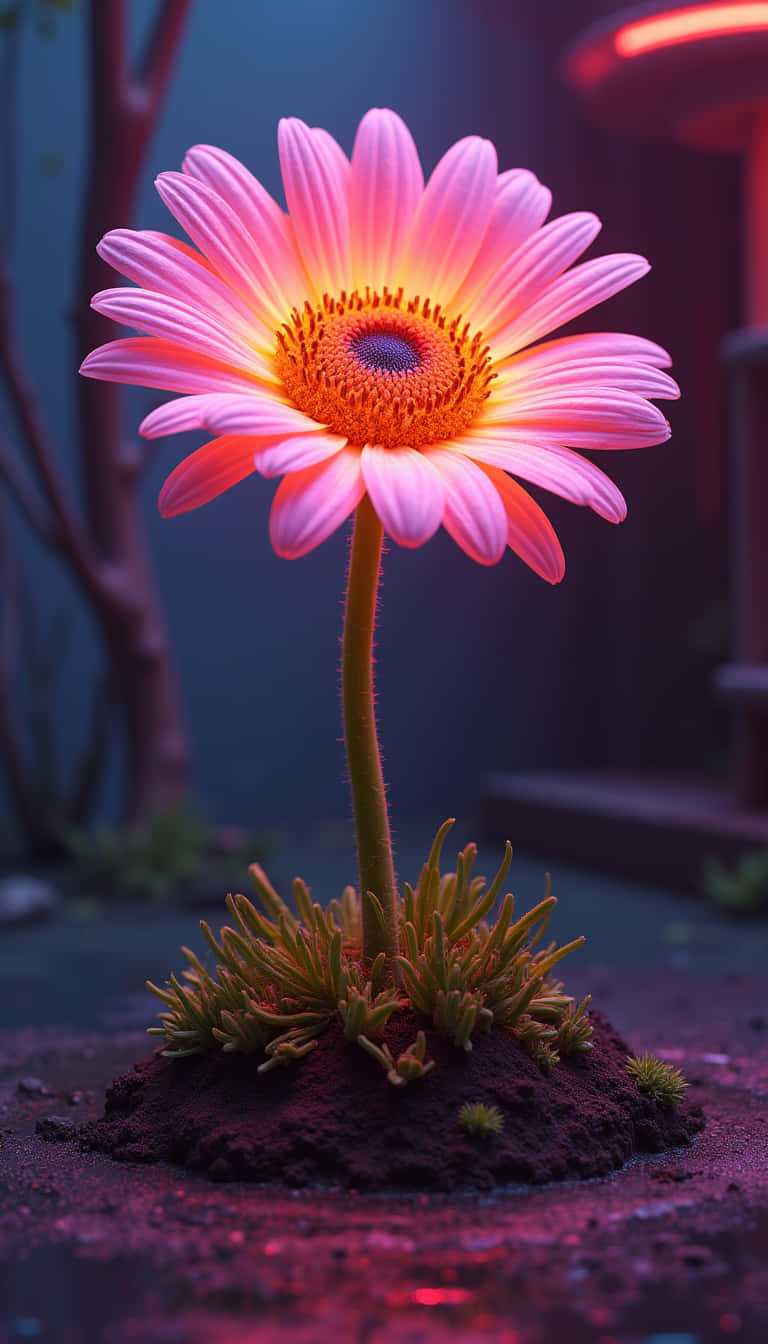 花 壁紙 — 一朵鮮豔的粉紅色雛菊，帶有發光的橙色中心，在霓虹粉紅和藍色燈光下，在一小堆土壤上綻放。