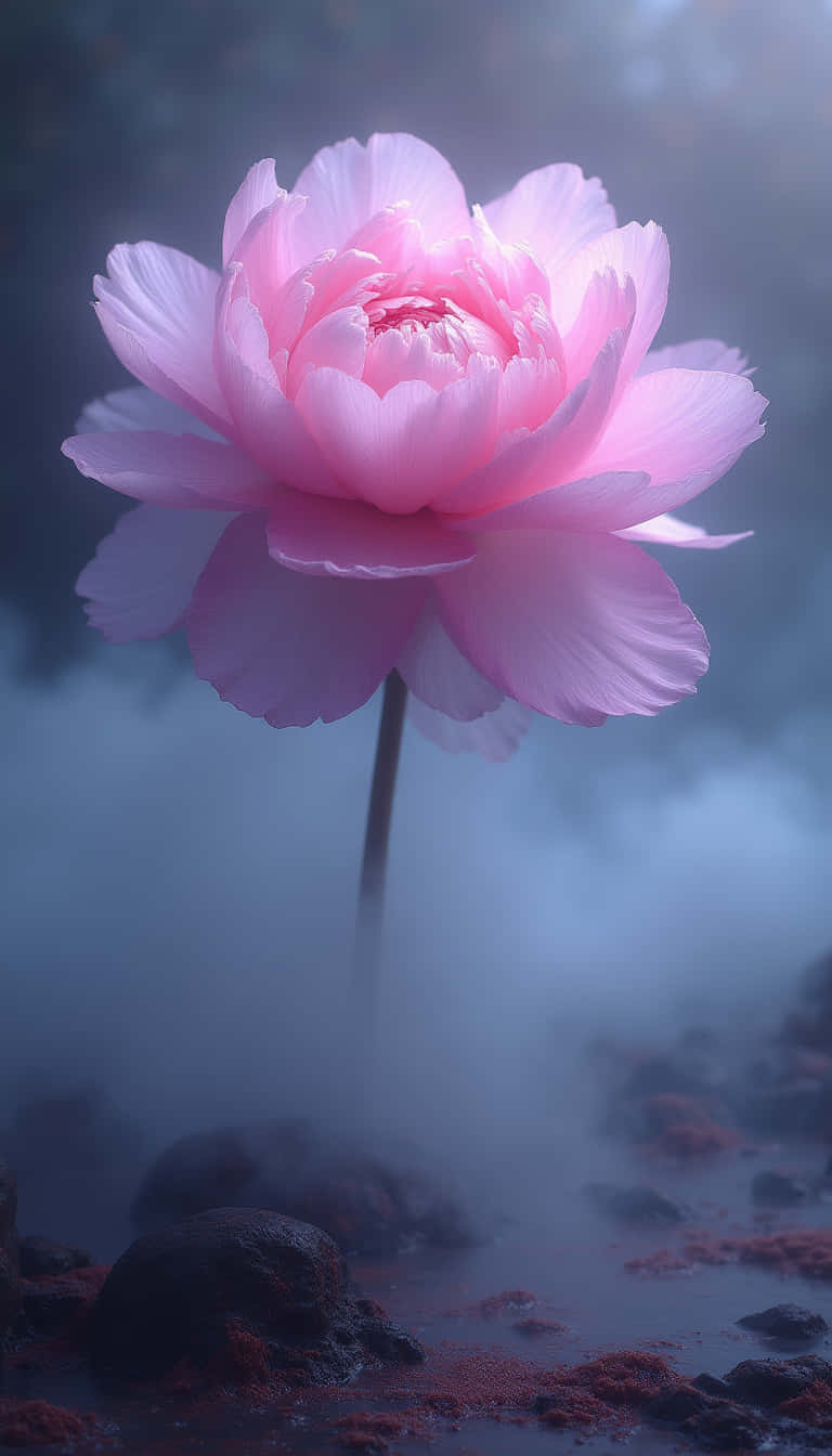 花 壁紙 — 一朵發光的粉紅色牡丹在霧氣瀰漫的水面上盛開，帶有完美的倒影和黑暗的岩石環境。