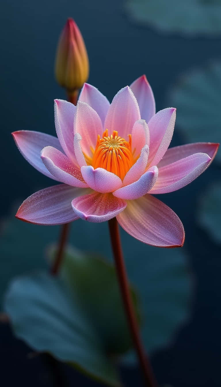 花 壁紙 — 一朵帶有露珠的精緻粉紅蓮花在深色水背景上綻放，附近有一個閉合的花蕾。