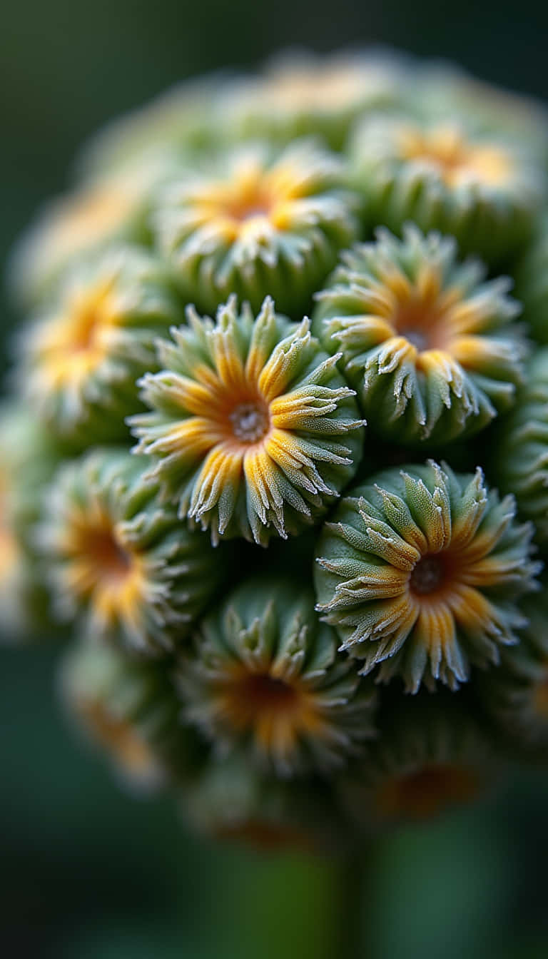 花 壁紙 — 綠色和黃色星形花朵球狀簇的微距特寫，帶柔和散景背景。