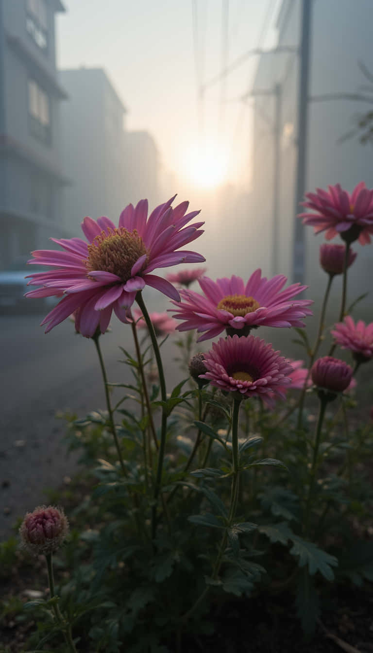 花 壁紙 — 粉紅雛菊在柔和晨霧中綻放，背景是模糊的城市景觀和陽光照耀。