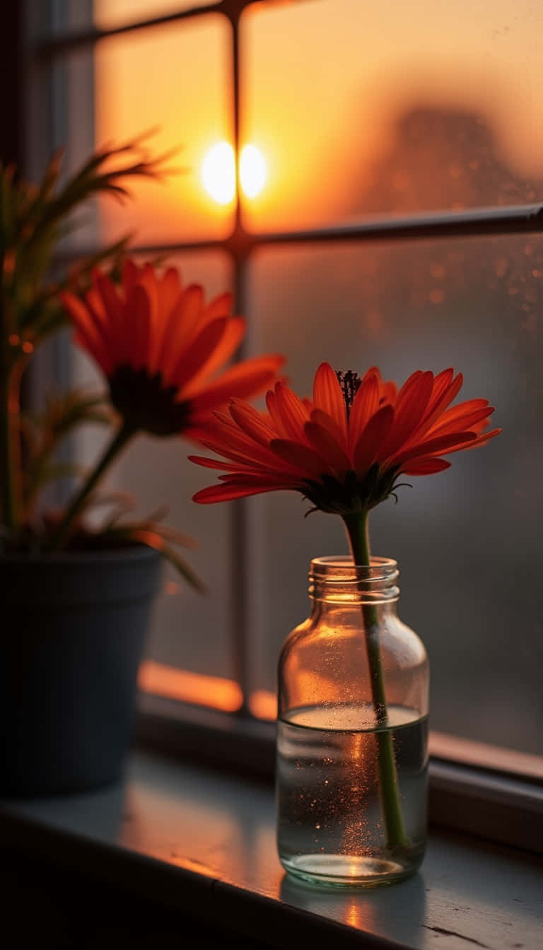 花 壁紙 — 一朵橙色非洲菊在玻璃罐中，在金色時刻的陽光窗戶前溫暖地發光。
