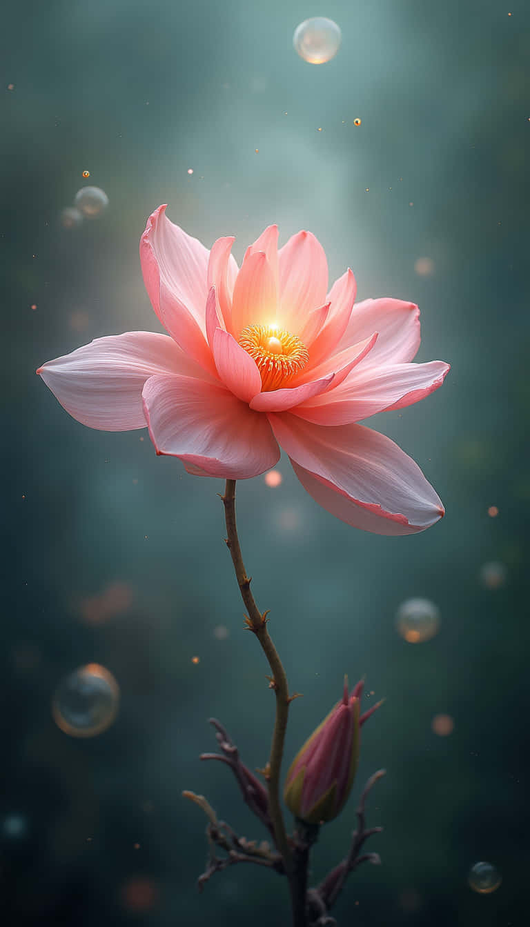 花 壁紙 — 一朵發光的粉紅色蓮花在霧氣瀰漫的青色背景中綻放，中心散發出光芒，周圍漂浮著氣泡。