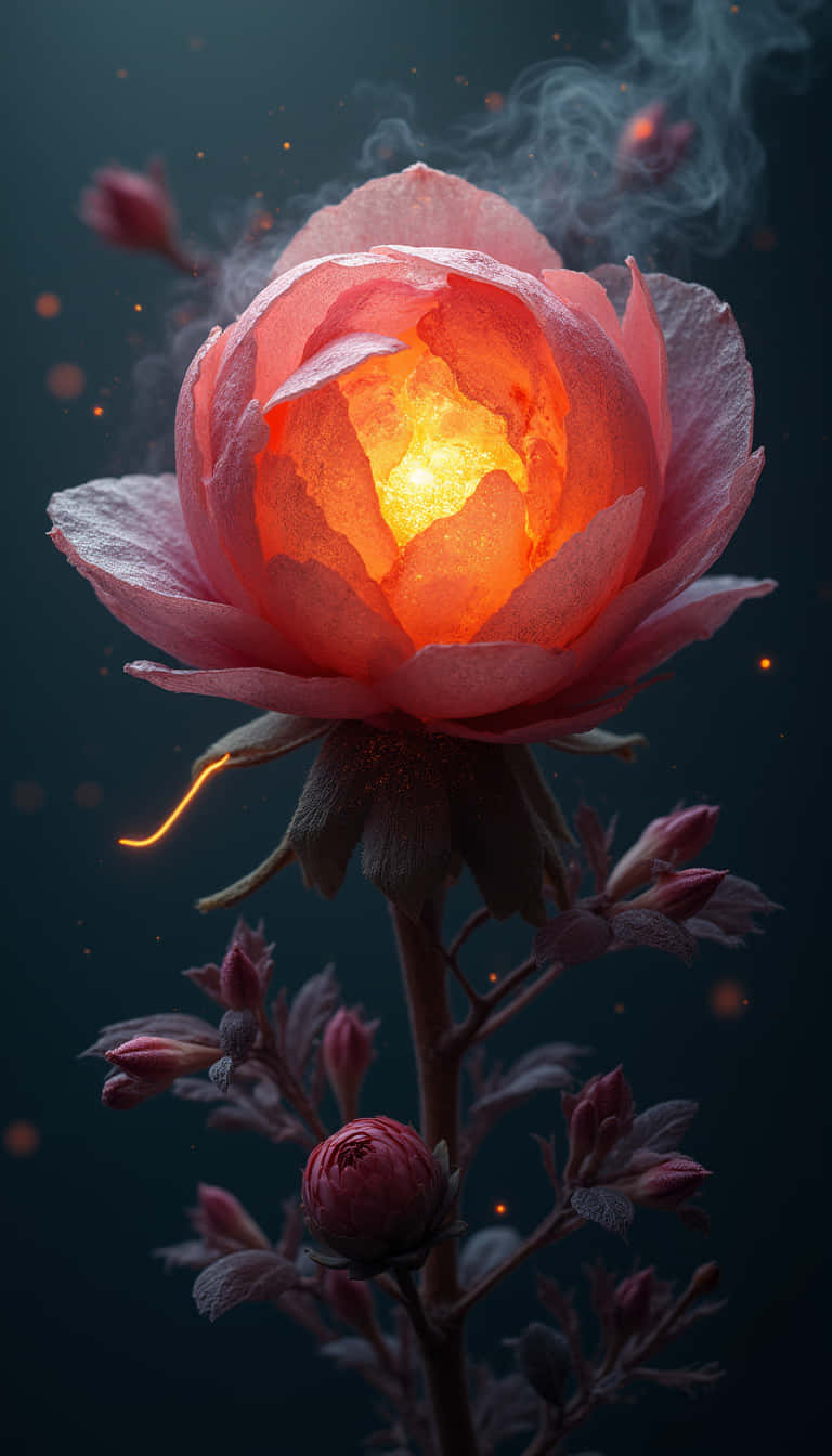 花 壁紙 — 一朵發光的粉紅色牡丹在黑暗煙霧背景中從核心散發出溫暖的光芒，周圍有漂浮的火星。