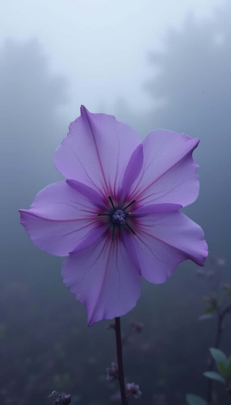 一朵紫色的花在霧氣瀰漫的花園場景中脫穎而出。